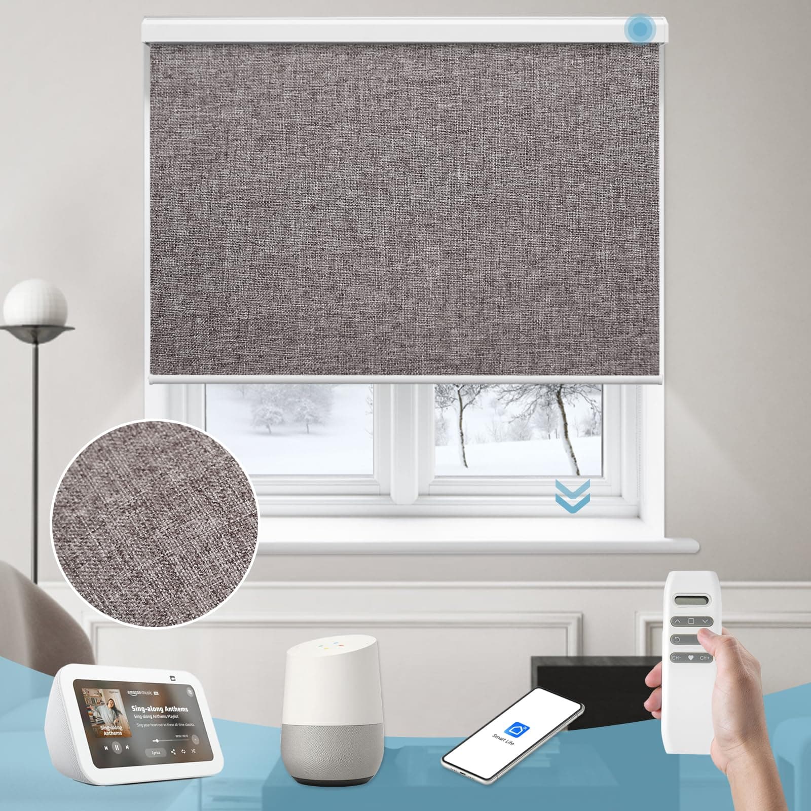 Smart Roller Shade 100% Blackout, Motorized Shade Compatible with Alexa Google, App Control Blind for Window, Cordless Free Stop Blind Customized Size (Fabric Brown)