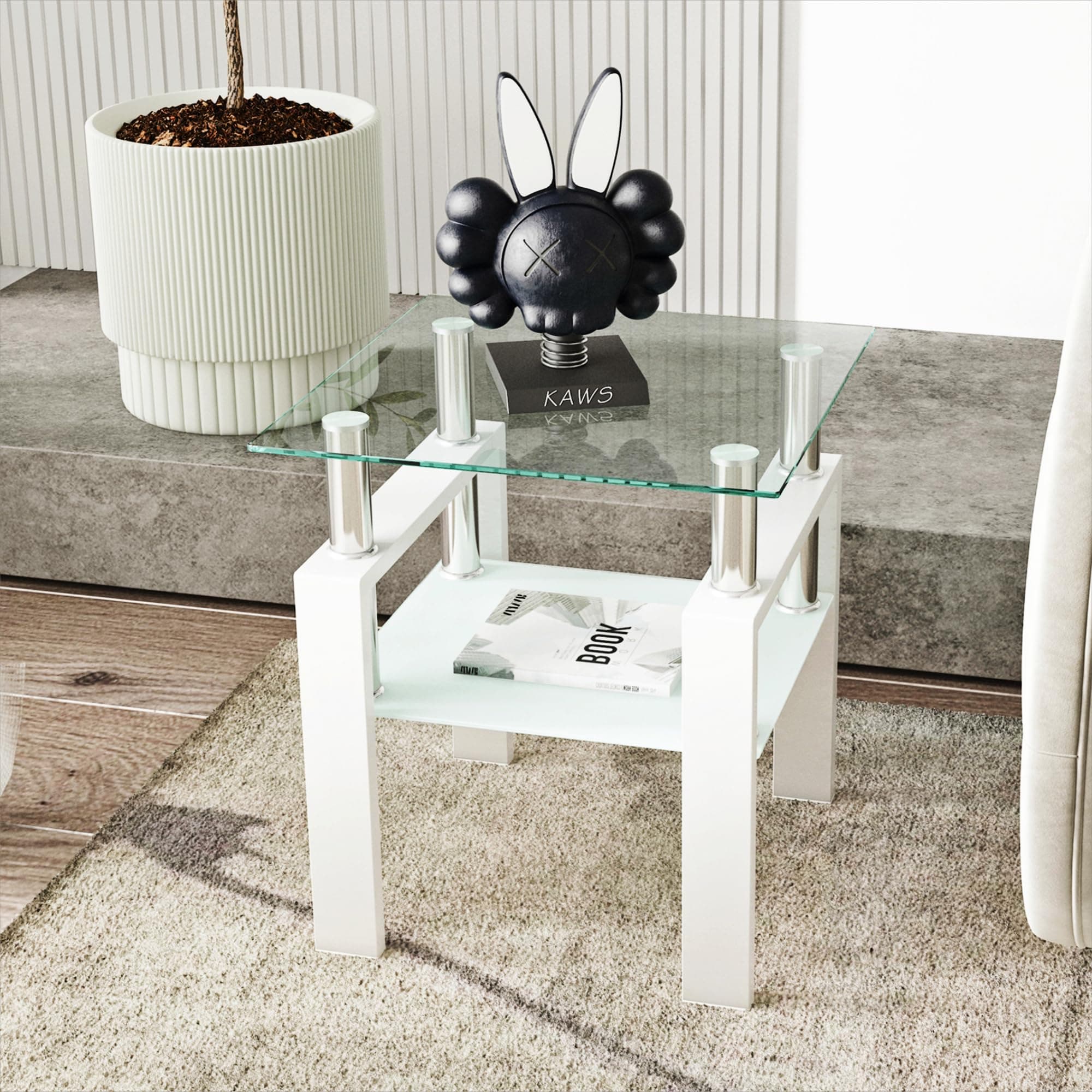 Glass Side Table 2-Tier Modern Glass Top Corner Table Living Room Side Table with Metal Leg for Living Room, Dining Room, Bedroom (1, White)