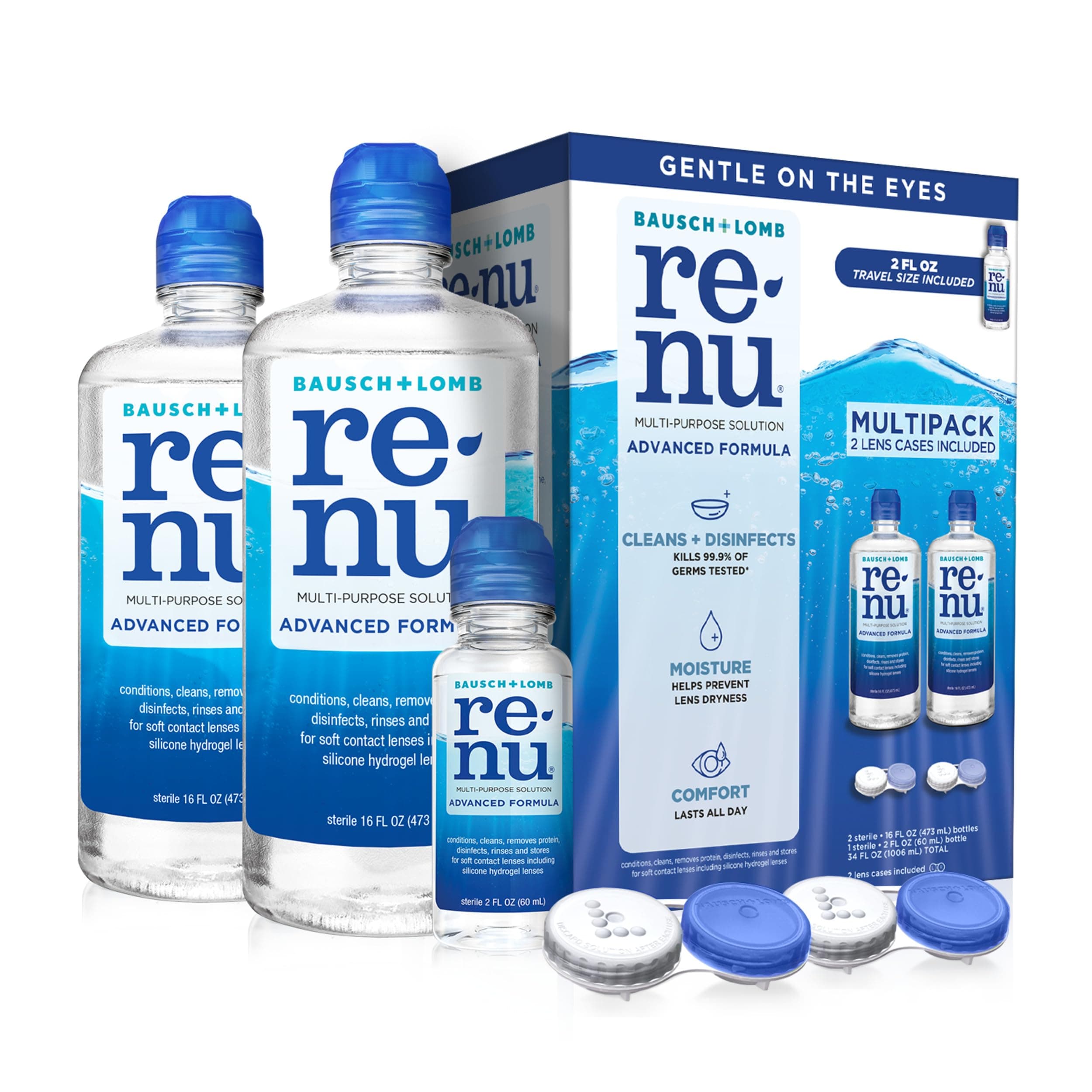Renu Contact Lens Solution, Advanced Formula, Multi-Purpose Solution with Lens Case, Gently Cleans, Disinfects, Moisturizes & Hydrates Soft Lenses, 16 Fl Oz (Pack of 2) + Travel Size 2 Fl Oz