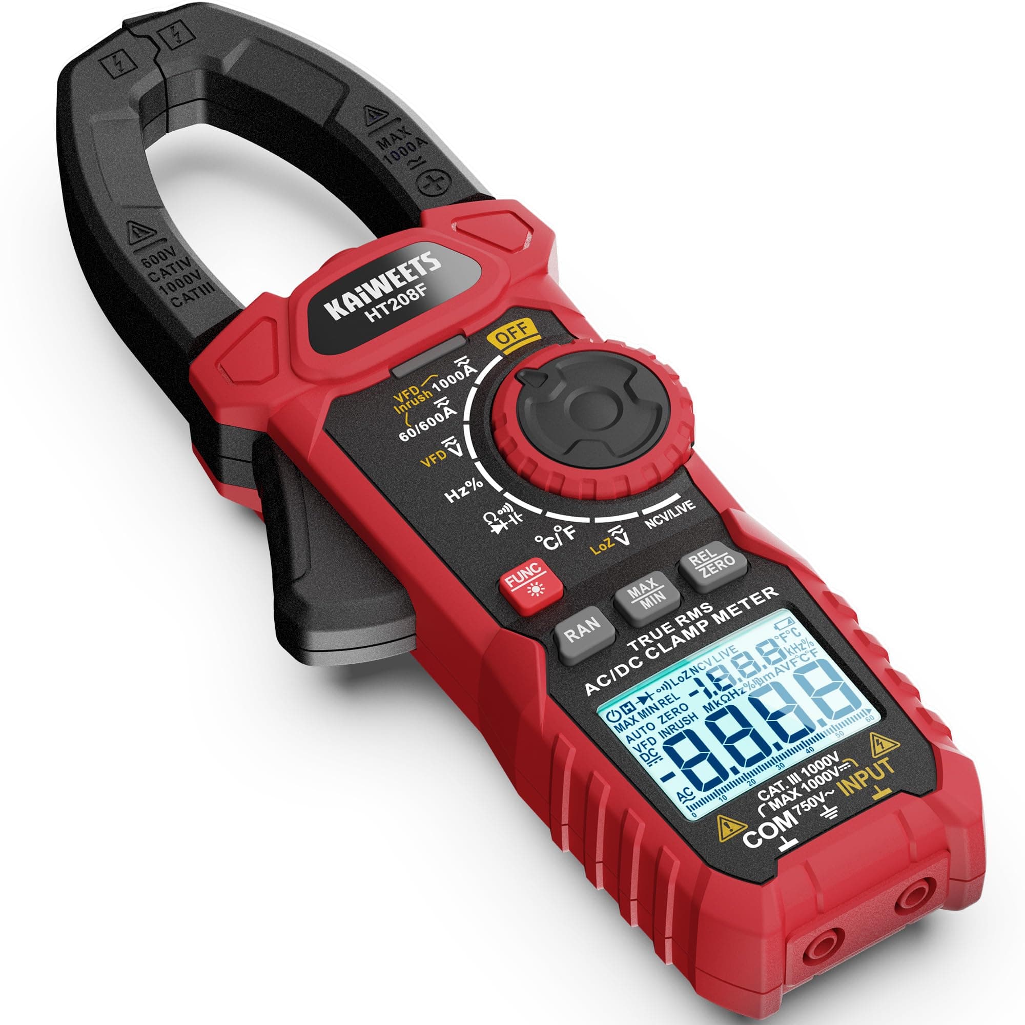 Inrush Digital Clamp Meter 1000A with Backlit; Multimeter TRMS 6000 Counts, Amp Voltage Tester with VFD, LOZ Mode; Measures AC/DC Current Voltage Temperature Resistance NCV - Upgraded Screen