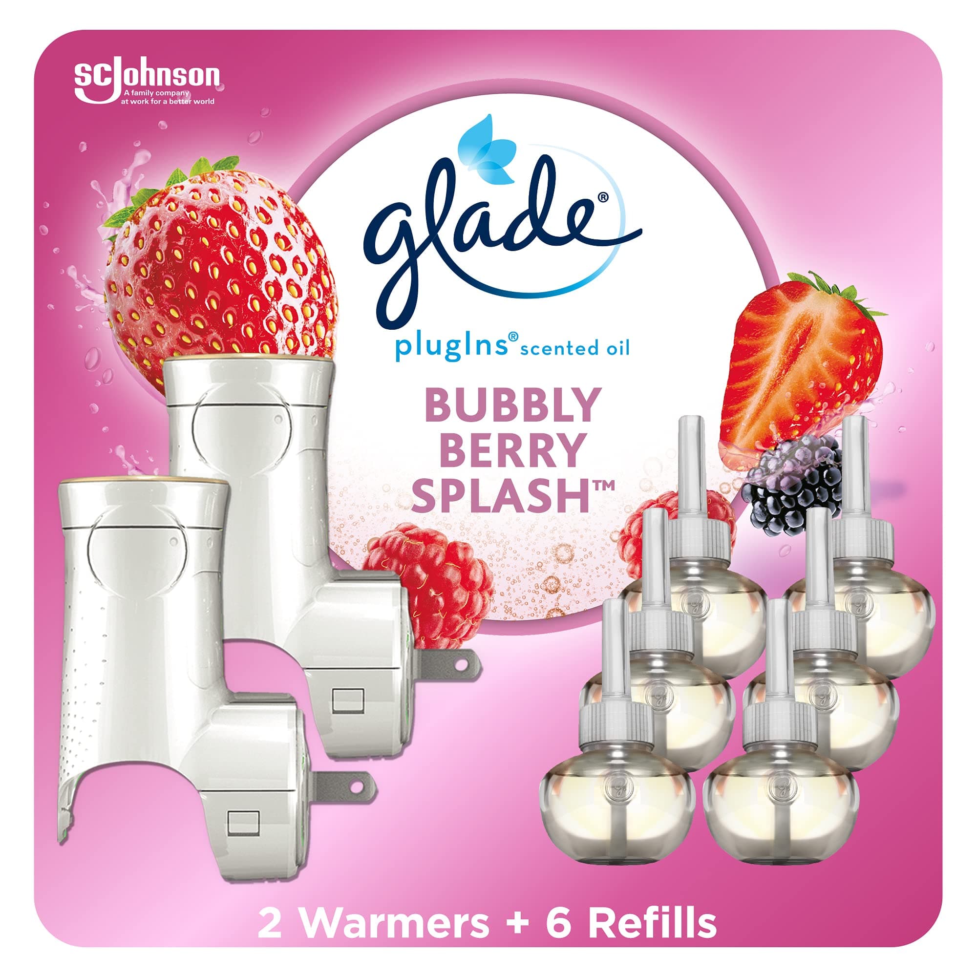 Glade PlugIns Refills Air Freshener Starter Kit, Scented and Essential Oils for Home and Bathroom, Bubbly Berry Splash, 4.02 Fl Oz, 2 Warmers + 6 Refills