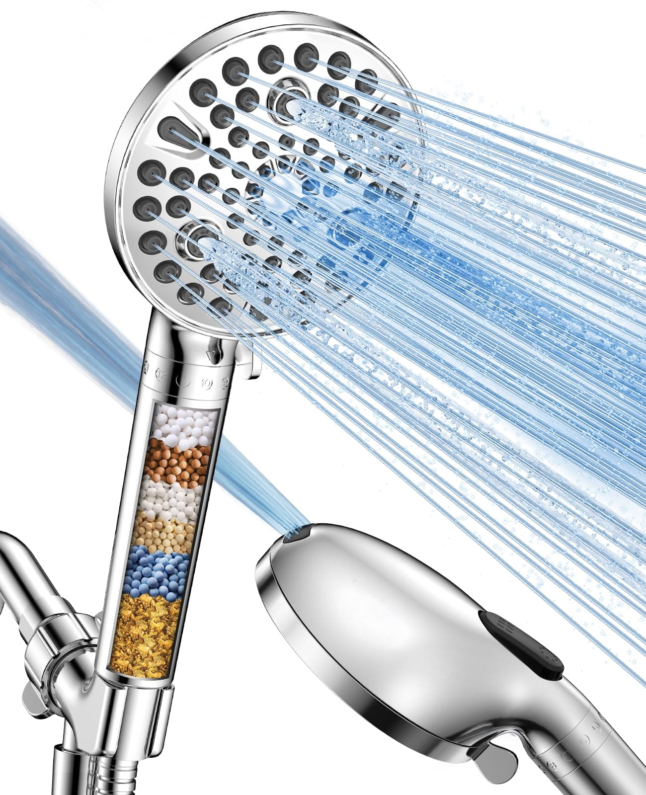 MakeFit Filtered Shower Head with Handheld-10 Modes High Pressure Showerhead with Built-in Power Wash,Long 71-inch Hose & Adjustable Bracket, Water Softener Filter Beads for Hard Water-Remove Chlorine