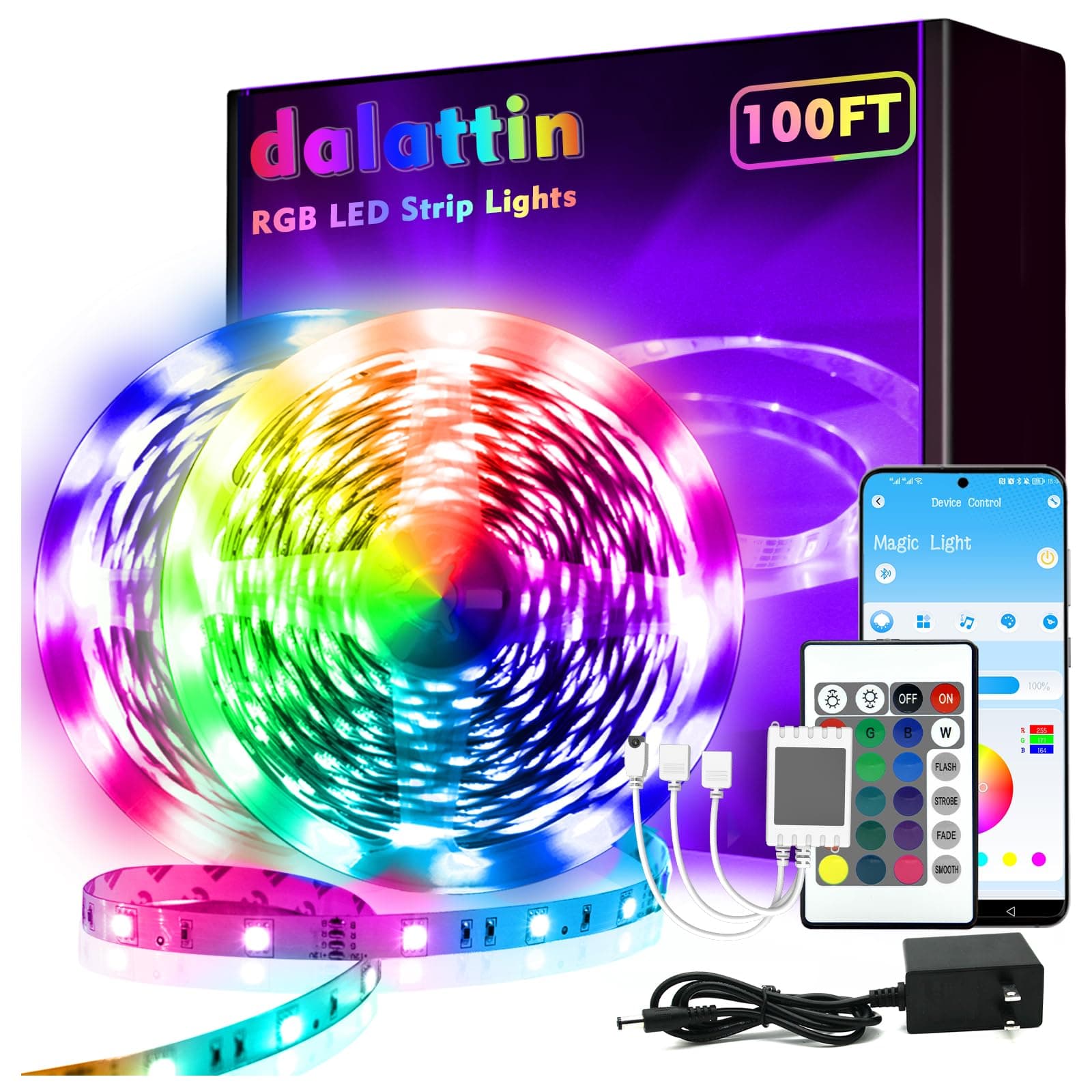 dalattin 100ft LED Strip Lights (2 Rolls x 50ft), Bluetooth+IR RGB Color Changing LED Lighting, Smart APP Music Sync for Bedroom, Room, Party, Festival, Home Decor