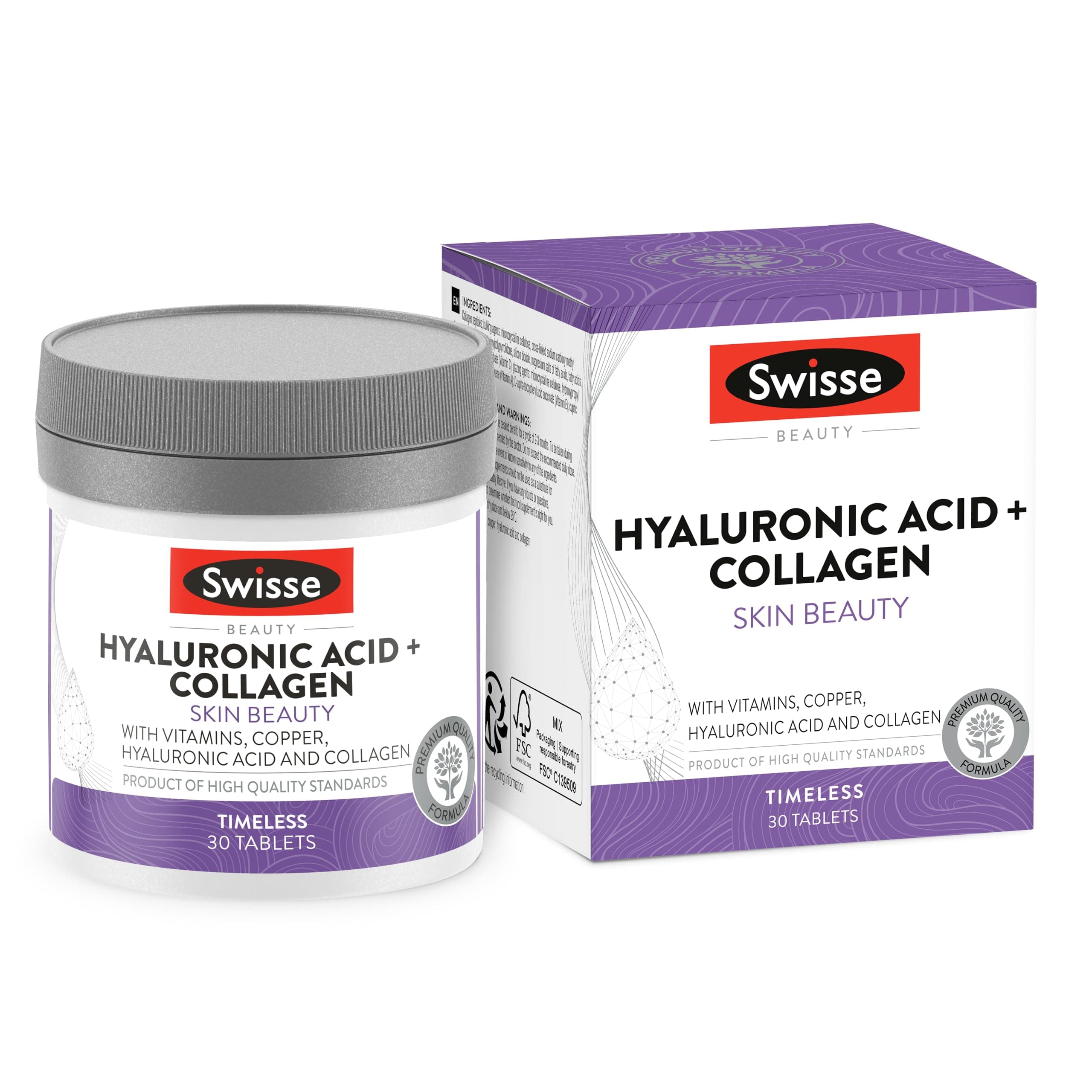 SWISSE Collagen and Hyaluronic Acid – Collagen Supplement for Women Men with Vitamin C, E, Copper Protects Against Oxidative Stress for Elastic Skin, Supplements Dampen Wrinkles 30 Tablets Made in