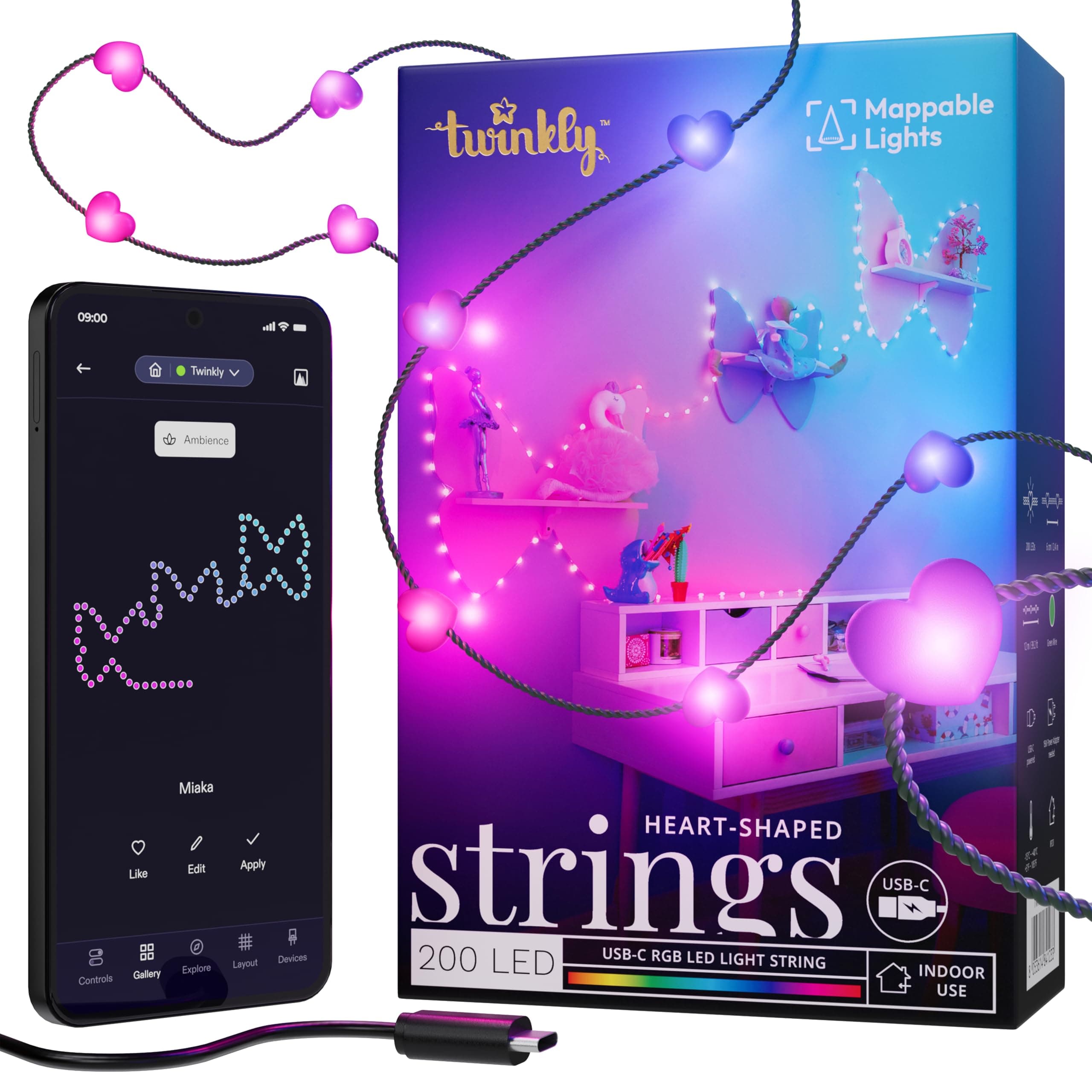 Twinkly Strings USB-C Heart 200 LED, Heart-Shaped LED Light String, RGB Multicolor LED Lights, Valentine's Day Lights, Compatible with Alexa, Google Home, USB-C Power, Green Wire, 39.4ft