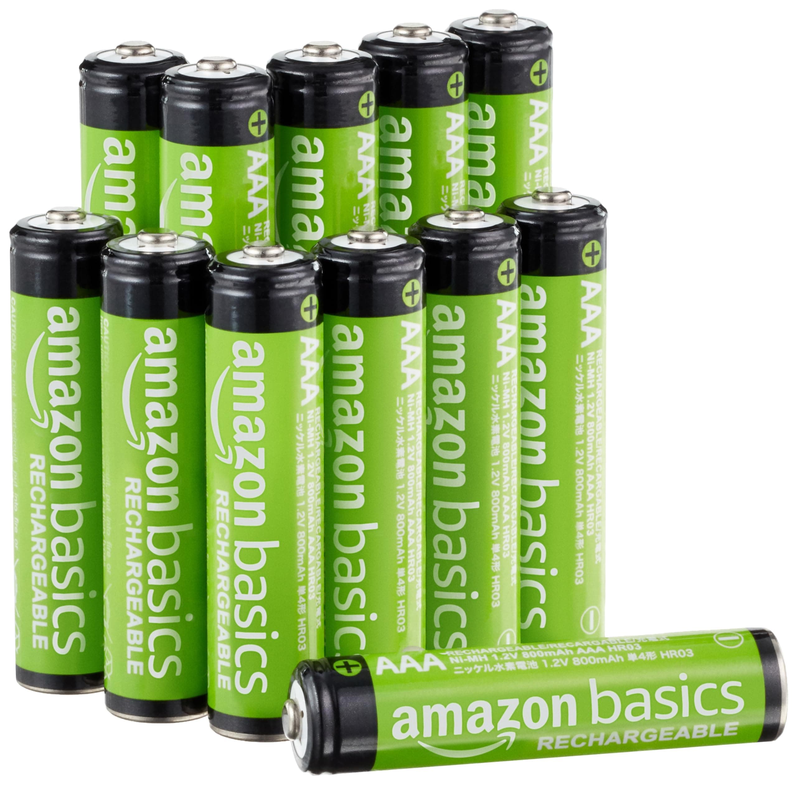 Amazon Basics 12-Pack Rechargeable AAA NiMH Performance Batteries, 800 mAh, 1.2V, Recharge up to 1000x Times, Pre-Charged