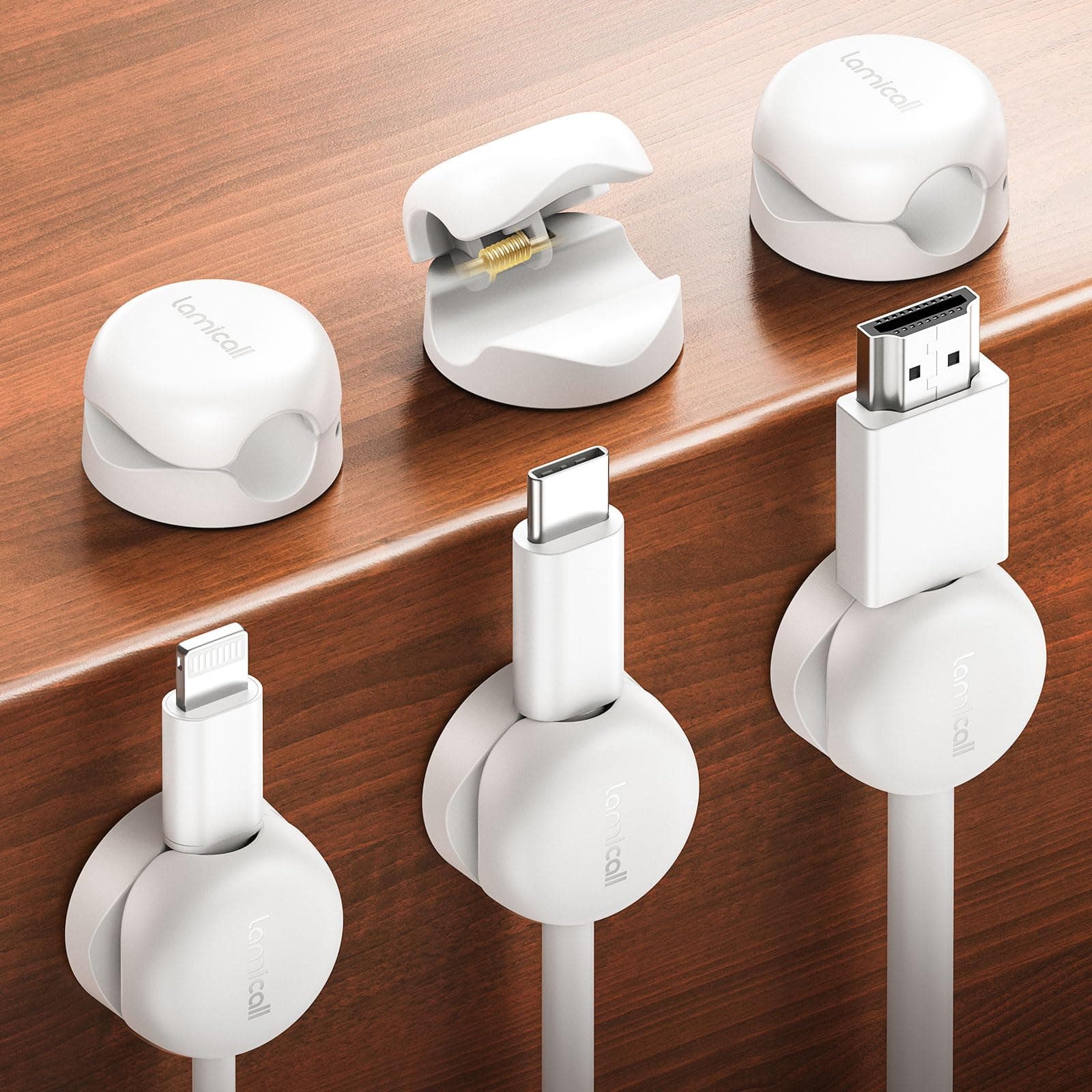 Lamicall Cable Clips, Spring Cord Organizer Holder - 6Pack Latest Compact Desk Cable Management Clips, Nightstand Phone Charging Cord Holder, 8mm Slot Adhesive Wire Organizer (White)