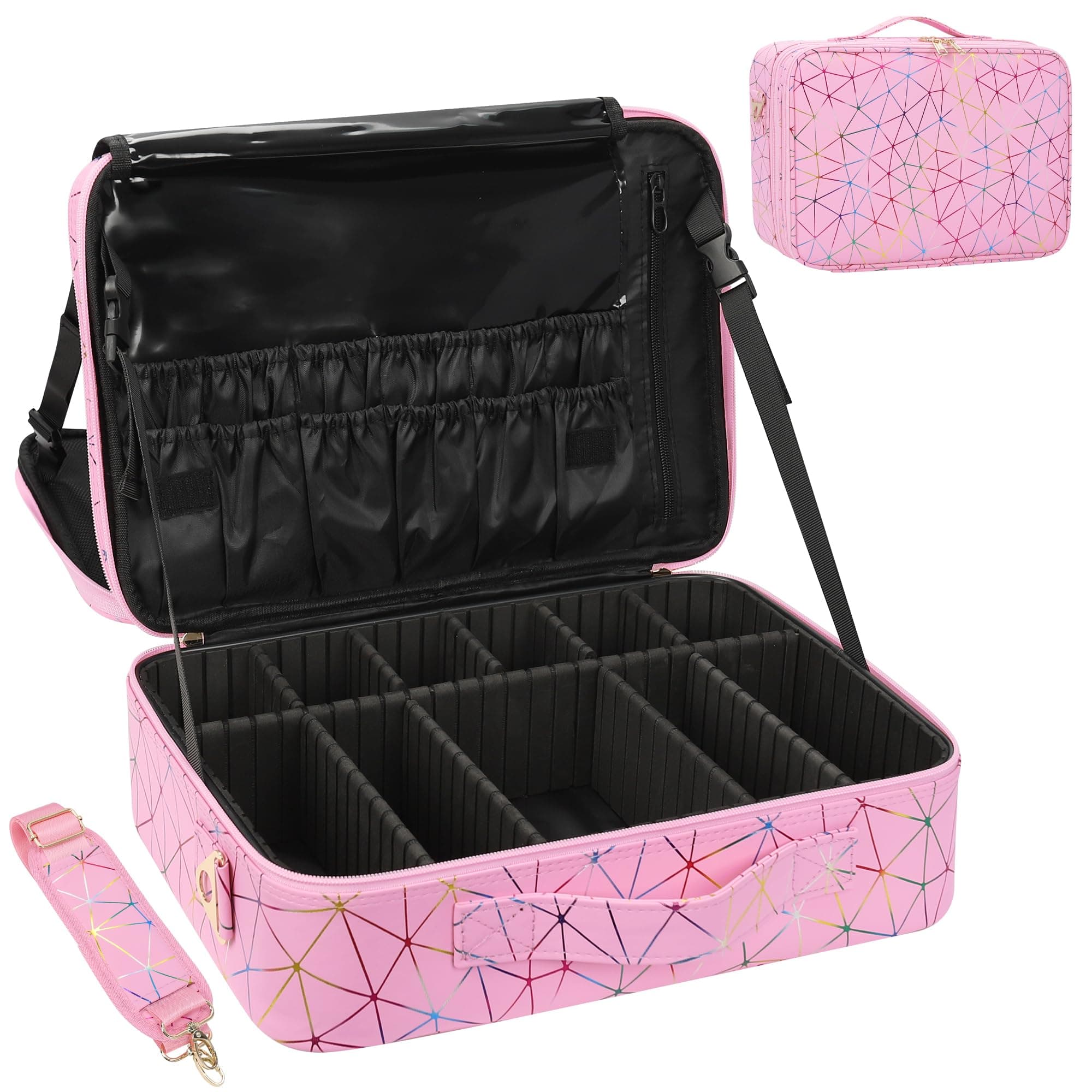 MONSTINA Professional Makeup Case Bag|3 Layers Large Capacity Cosmetic Organizer Brush Bag,Barber Train Case Makeup Artist Box,PU Leather Stylish Geometric Reflection Patterns Pink