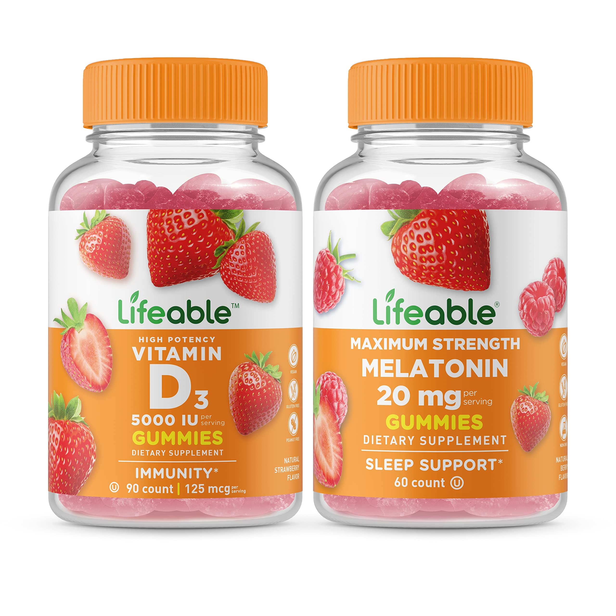 LifeableVitamin D 5000 IU + Melatonin 20mg, Gummies Bundle - Great Tasting, Vitamin Supplement, Gluten Free, GMO Free, Chewable Gummy