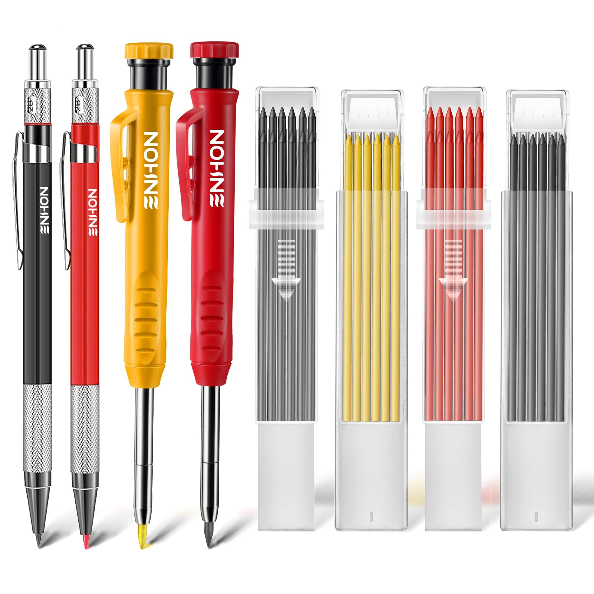 4 Pack Carpenter Pencil Set with Sharpener, Mechanical Woodworking Pencils with 36 Refills, Deep Hole Marker for Architect/Carpenters/Scriber(Black, Red, Yellow)