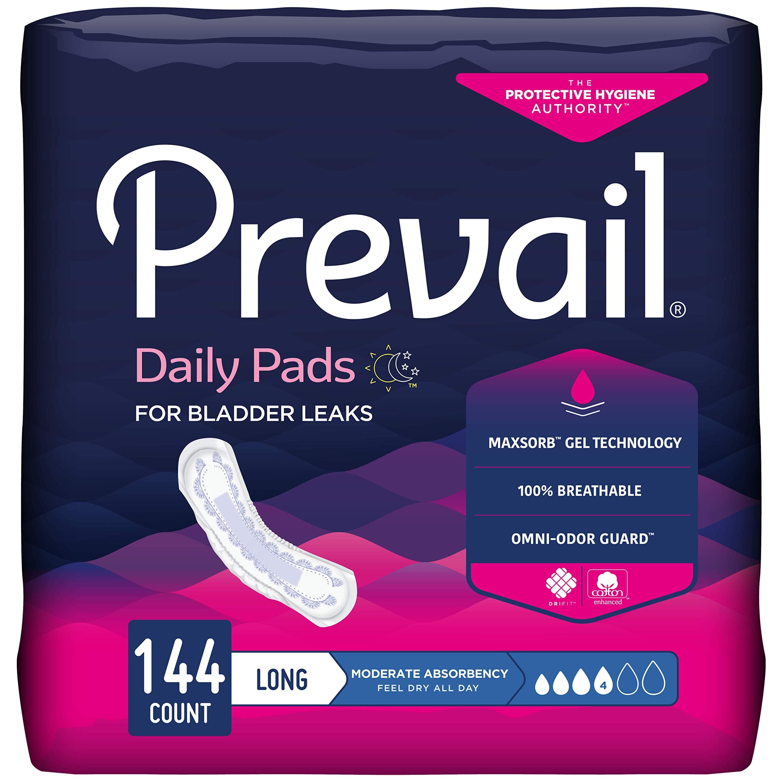 Prevail Incontinence Bladder Control Pads, Moderate Absorbency, Long, 144 Count