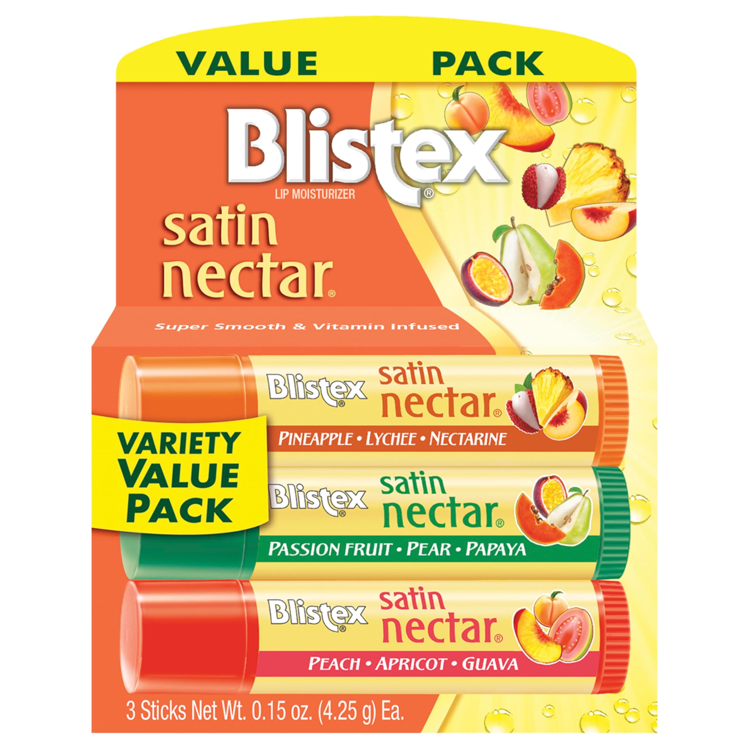 Blistex Satin Nectar Lip Balm, 0.15 oz, 3 Count, Lip Moisturizer Variety Pack, Moisturizes and Comforts Dry Lips, Refreshing Flavor Blend, Easy Glide Formula for Full Coverage, 1 Pack