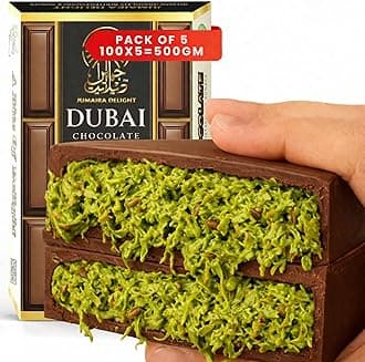 Dubai Chocolate Bar (Pack of 5) 500g Kunafa Bars with Pistachio Cream Filling – Luxurious Fix Dubai Chocolate – Best Gifts for Kids, Family & Friend (Pack of 5-100g/Pcs)