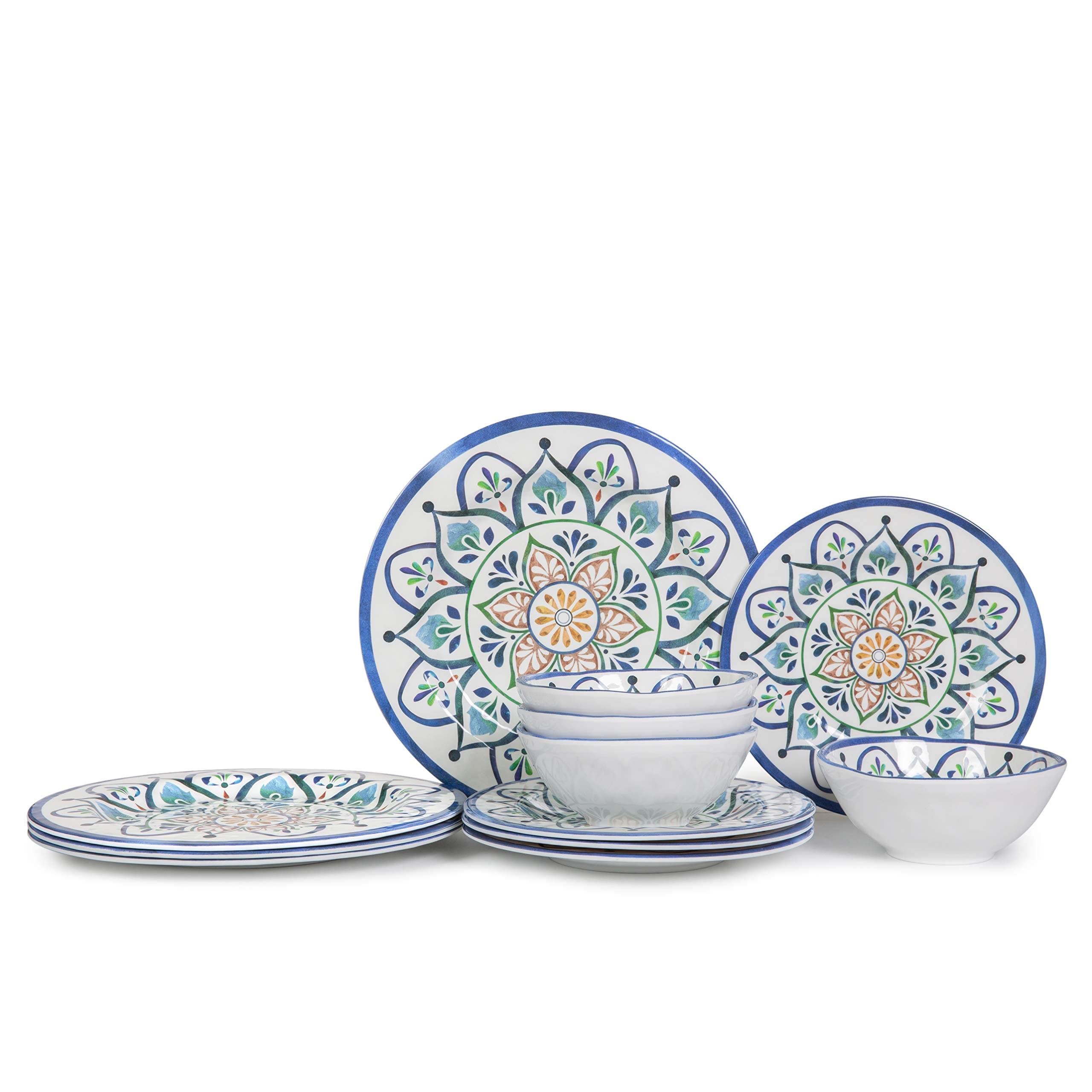 MARJOYMelamine Dinnerware Set - 12 Pcs Plates and Bowls Sets, Melamine Dishes, Camping Plates, Dishwasher Safe, Break-Resistant