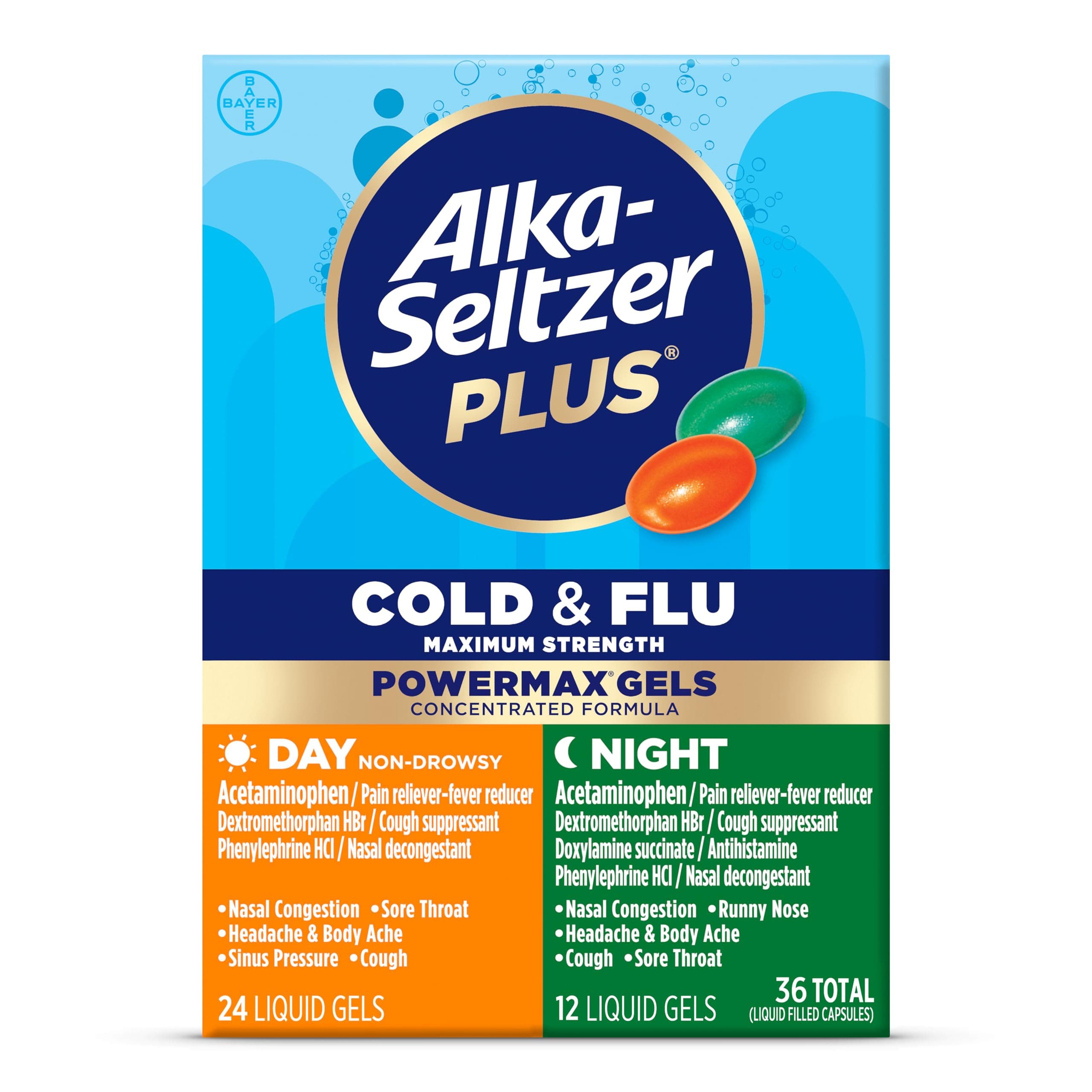 Alka-Seltzer Plus Power Max Cold & Flu Day+Night Medicine: Cough Suppressant, Cold and Flu Medicine For Adults and Children 12 Years and Older, 36 Count, Packaging May Vary