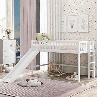 Bellemave Twin Size Low Loft Bed Frame with Slide and Guardrails, Kids Loft Bed with Ladder,Wood Low Loft Bed Twin Size with Storage Space for Girls Boys, White