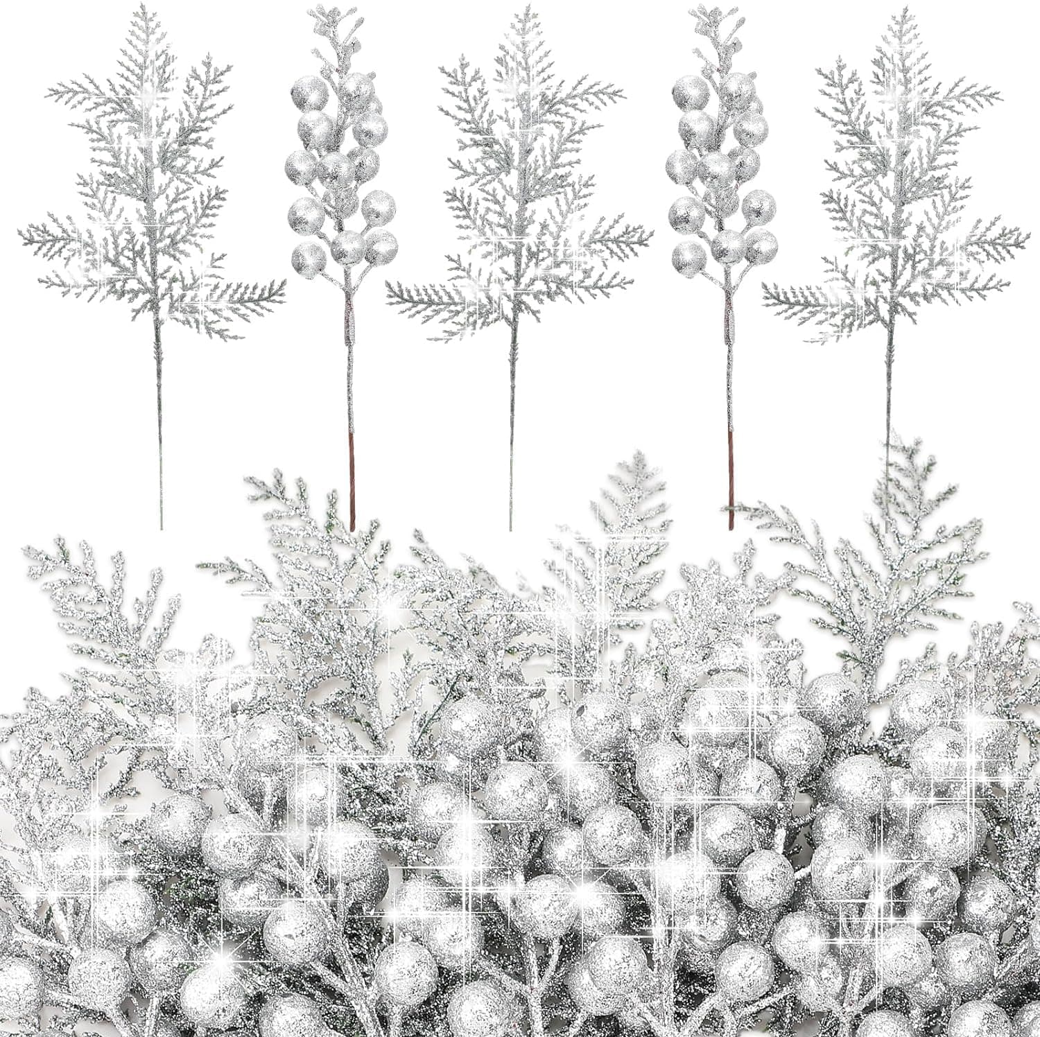 BOBBYQ 20 Pieces Christmas Tree Decorations Include 10 Glitter Berries Stems and 10 Xmas Tree Pick Leaves Fake Christmas Picks Artificial Pine Needles Glitter Sticks for DIY Wreath (Silver)