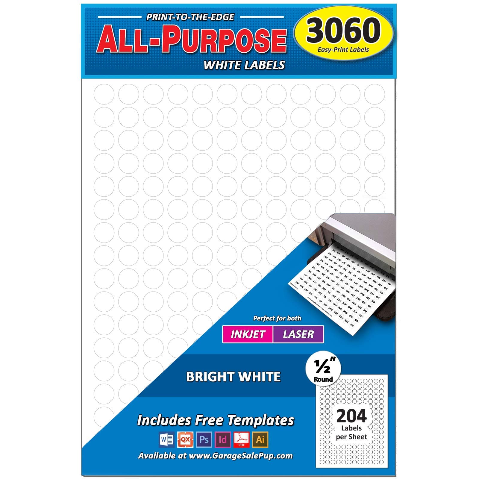 Pack of 3060 1/2" Round Circle Dot Labels, White, 8 1/2" x 11" Sheet, Fits Any Printer