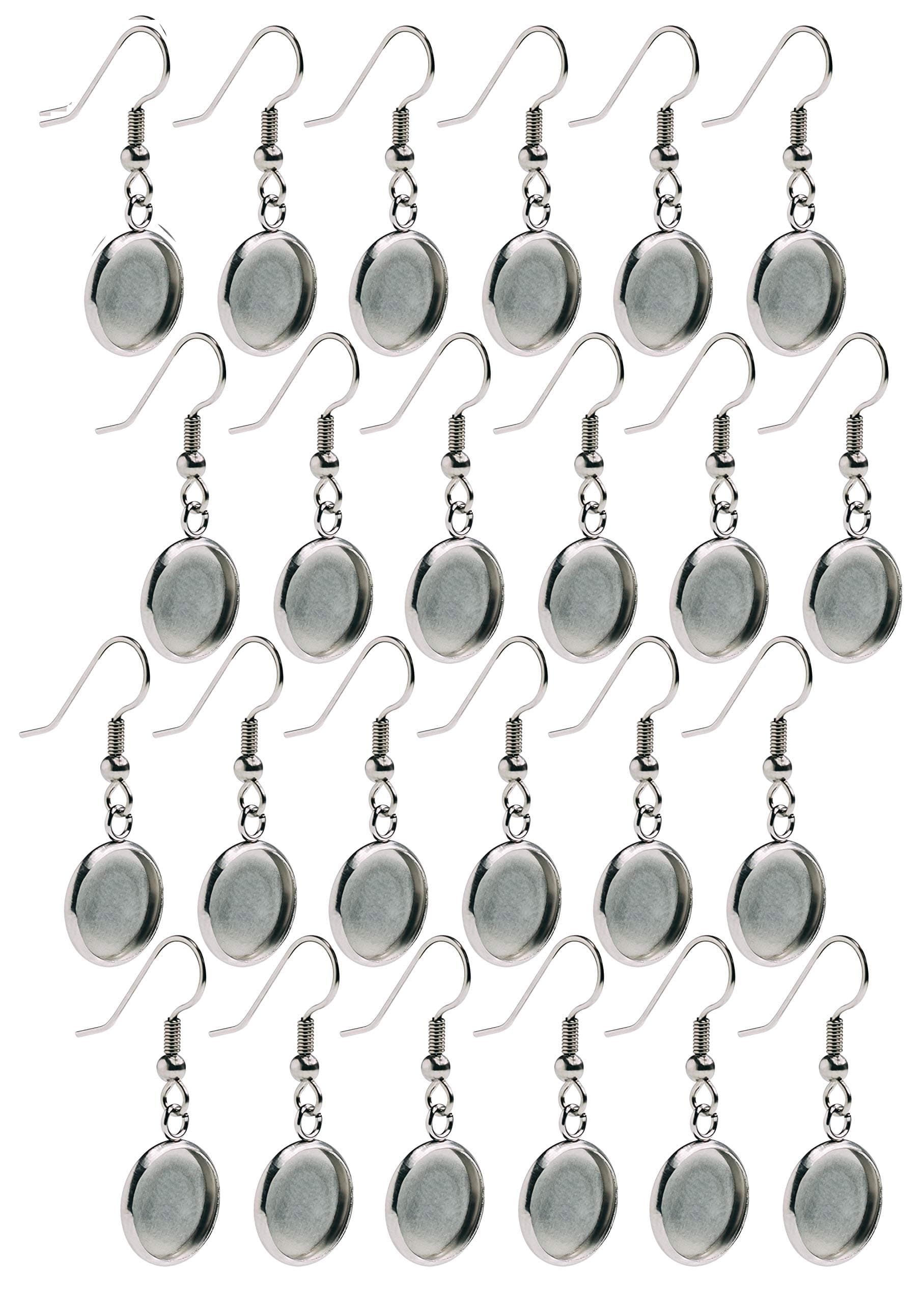 Bastex Silver Earring Blanks, Pack of 24 Units. Wire Hooks with Small 12mm Cabochon Settings. Perfect for DIY Jewelry Making Supplies and Earring Findings