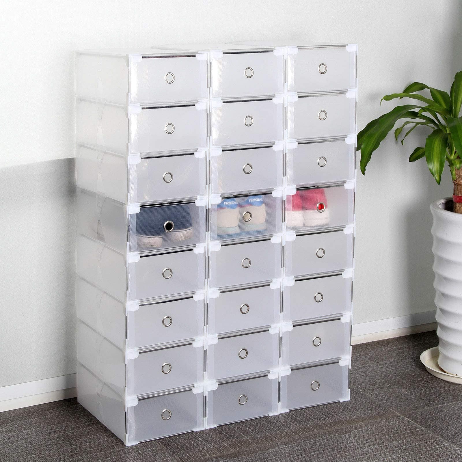 COMOTS Shoe Box 24 Pieces Clear Plastic Shoe Storage Box Stackable Shoe Box Organizer for Women/Men (30x20x11cm)