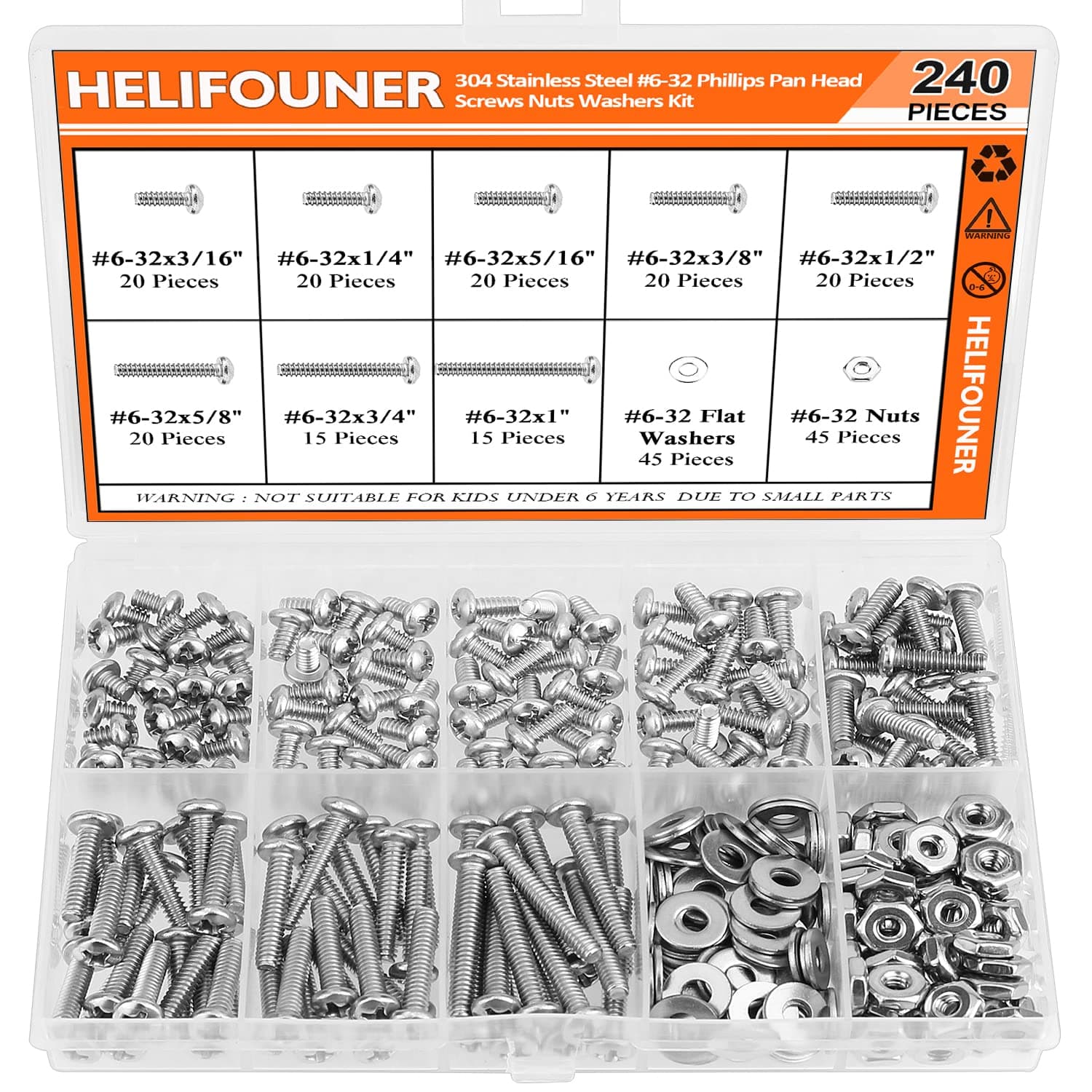 240 Pieces #6-32 Phillips Pan Head Machine Screws Nuts Washers Assortment Kit, Coarse Thread, Fully Machine Threaded, 304 Stainless Steel