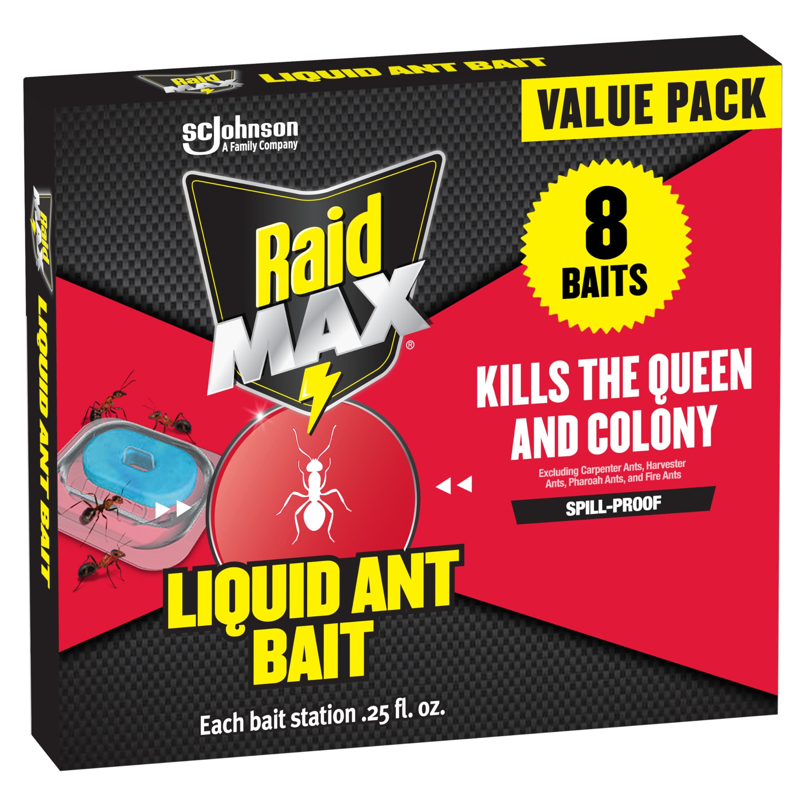 Raid Max Liquid Ant Bait; Kills Ants where they breed, 8 Bait Stations