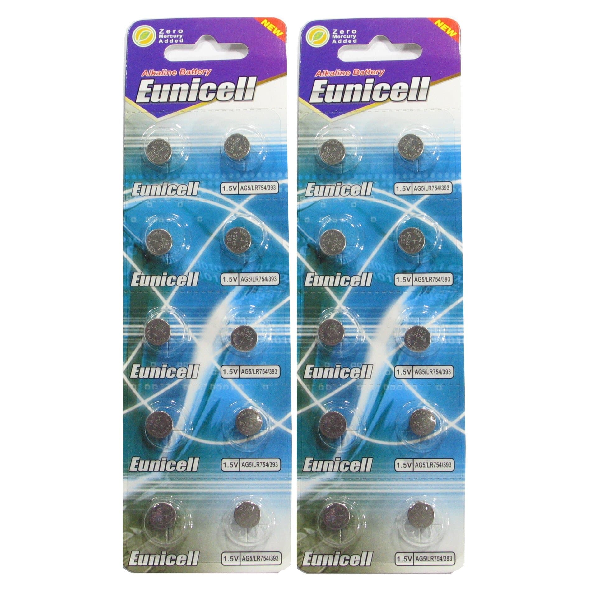 20 Eunicell AG5 / 393 / LR48 Button Cell Battery Long Shelf Life 0% Mercury (Expire Date Marked)