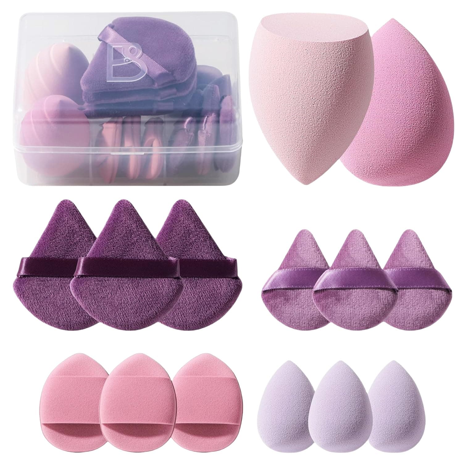 Makeup Sponge Set BS-MALL Triangle Puff 14 Pcs for Liquid, Cream, and Powder, Multi-colored Makeup Sponges and Mini Sponge with Case (A-Purple)