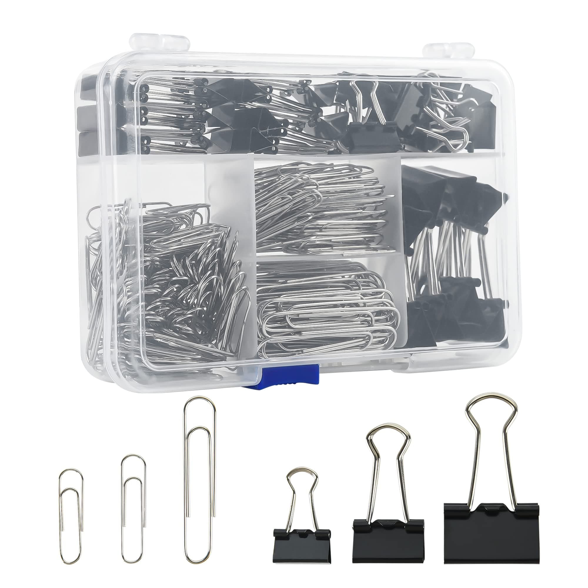 Assorted Size Binder Clips & Jumbo Paper Clips Set - 340pcs Black, Large for Office & School Supplies, in Container with Compartments