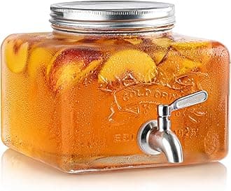 MosJos Glass Drink Dispenser for Fridge - Stainless Steel Spigot Mason Jar Dispenser with Wide Opening & Easy-Fill - Beverage Storage for Outdoor, Water, Iced Tea, Juice, Sangria & Detergent, 1 GALLON