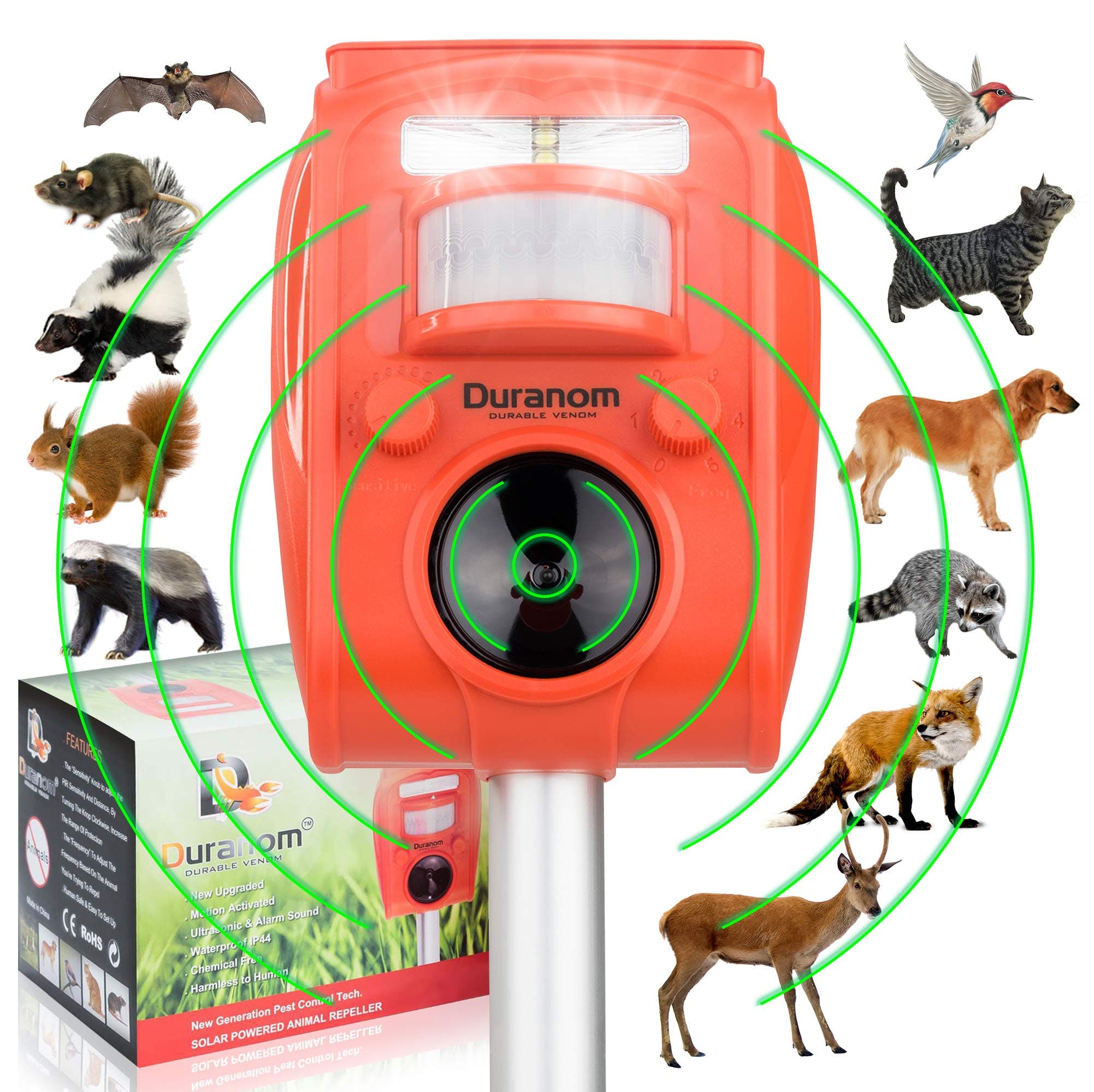 DURANOM Solar Animal Repeller – Ultrasonic & Strobe Motion Sensor Deterrent for Deer, Raccoons, Cats, Dogs – Outdoor Garden Protection, Solar Powered & USB Rechargeable