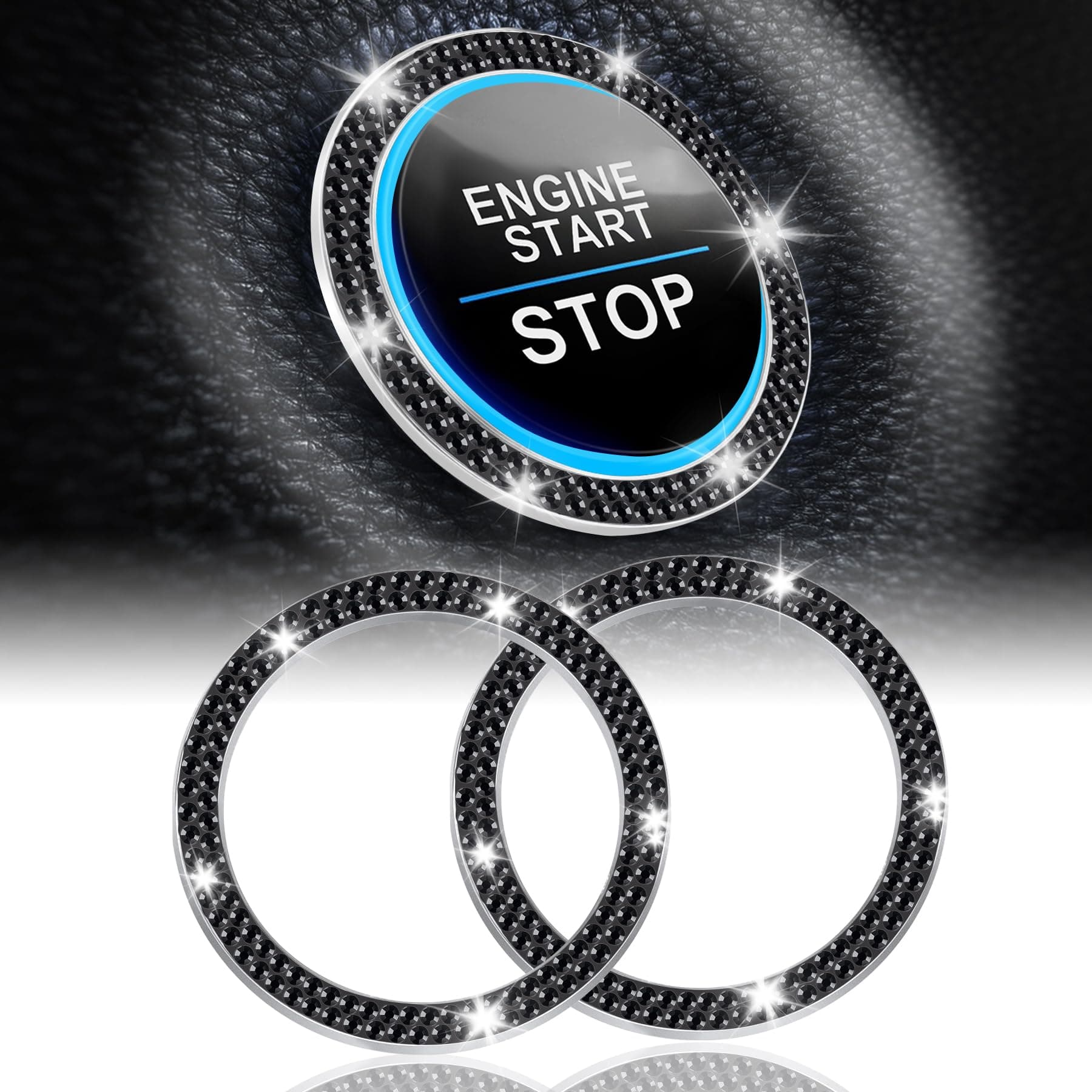 LivTee 2 PCS Crystal Double Rhinestone Car Engine Start Stop Decoration Ring, Bling Car Interior Accessories for Women, Push to Start Button Cover Sticker, Automotive Decals, Black
