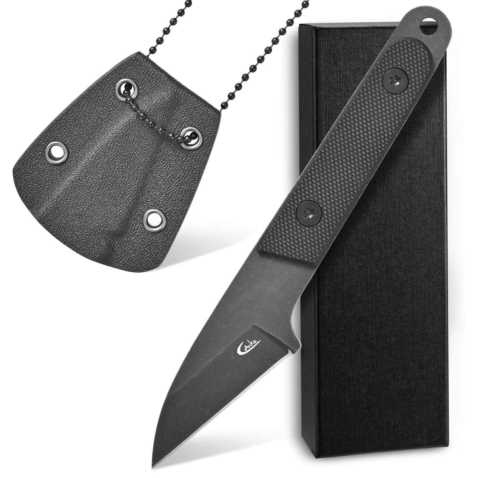 C1295 Fixed Blade Knife,9Cr18Mov Blade G10 Handle EDC Tool Neck Knife with kydex Sheath for Outdoor, Camping, Hiking, Fishing(Black)