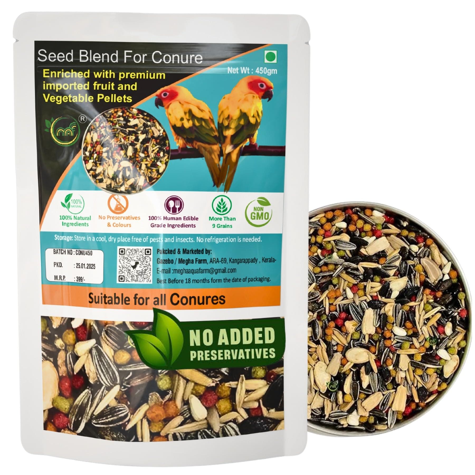 Bird Feed For Parrots 450 Grams,Exotic Seed Blend Of 22 Variety Seeds,Nuts With Fruit & Vegetable Pellet Enriched For All Types Of Conures,African Grey,Amazon,Lovebirds For All Life Stages