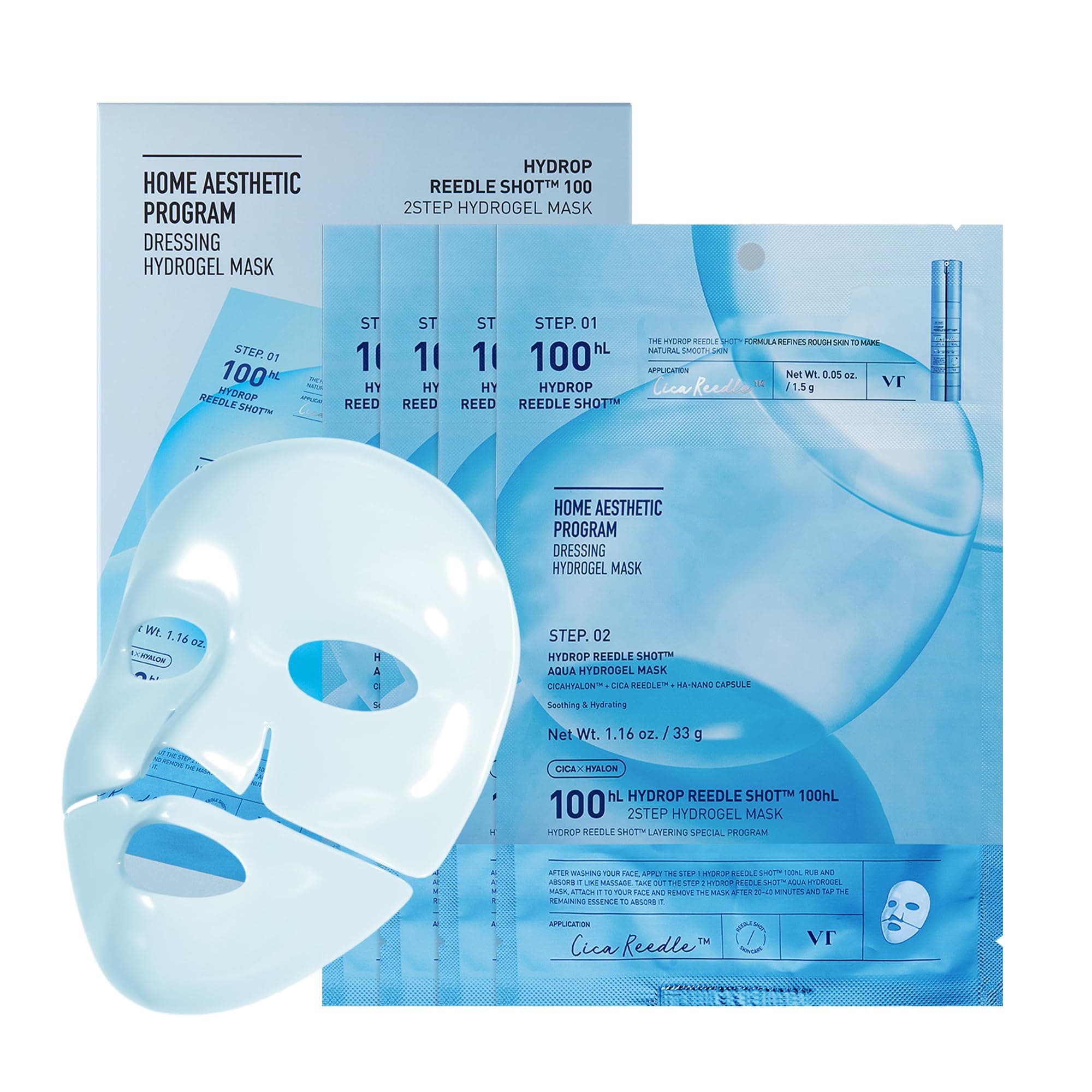 VT COSMETICS Hydrop Reedle Shot 100hl 2-Step Hydrogel Mask(34.5gx4ea), Intensive Hydrating, Exosome Hyaluronic Acid, Dewy & Glass Skin, Overnight Melting Mask, Korean Facial Mask