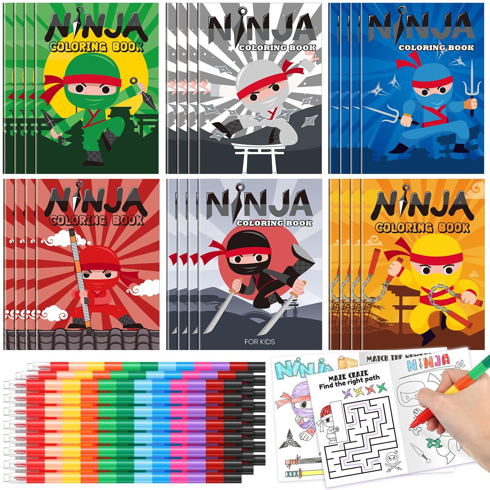 24 Ninja Coloring Book with 24 Stacking Crayons for Kid Mini Drawing Book Bulk Party Favor for Valentine‘s Day Party Supplies Goodie Bag Stuffer Carnival Prize Classroom Gift