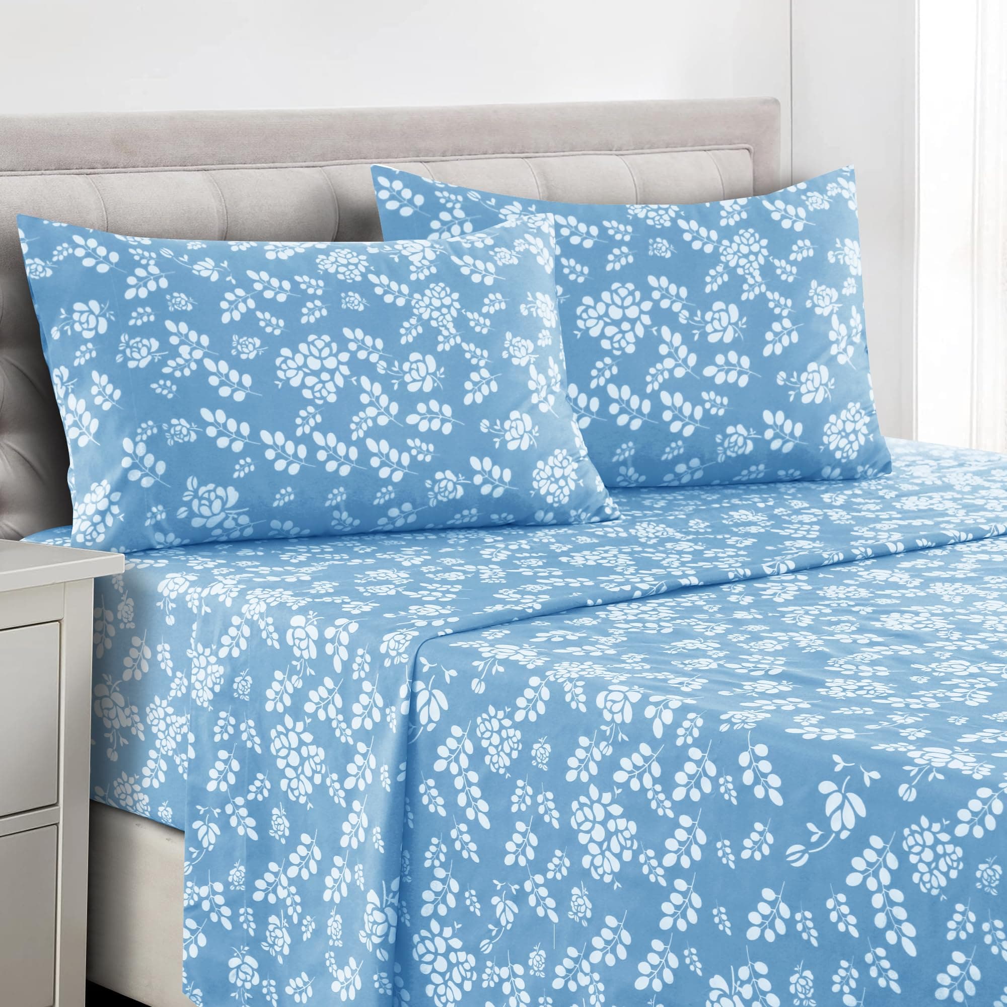 Floral King Sheet Set, 4 PC Soft Microfiber Wrinkle Free Sheets - Luxurious Printed Bed Sheets Includes Flat Sheet, Fitted Sheet with Deep Pockets, & 2 Pillowcase, Blue