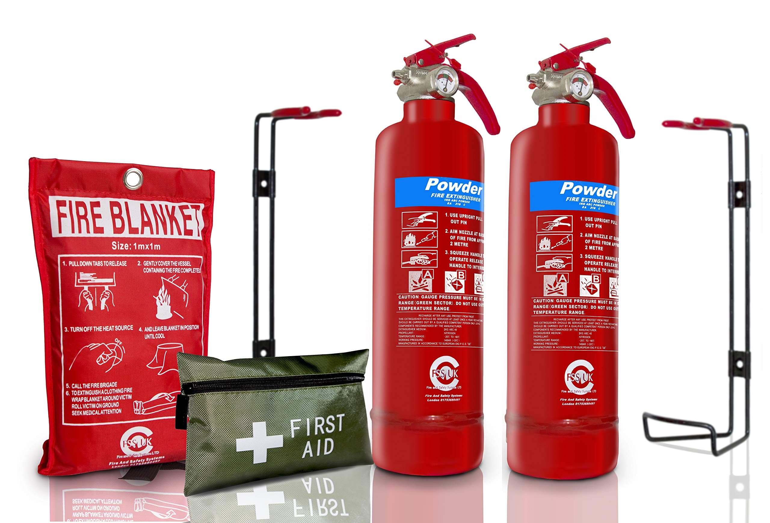 Gas Safe Engineers FIRE Safety Essential Pack 2 X 1 KG ABC Dry Powder Portable Fire Extinguisher (BSi KITEMARKED) + First AID KIT + 1 M X 1 M Fire Blanket