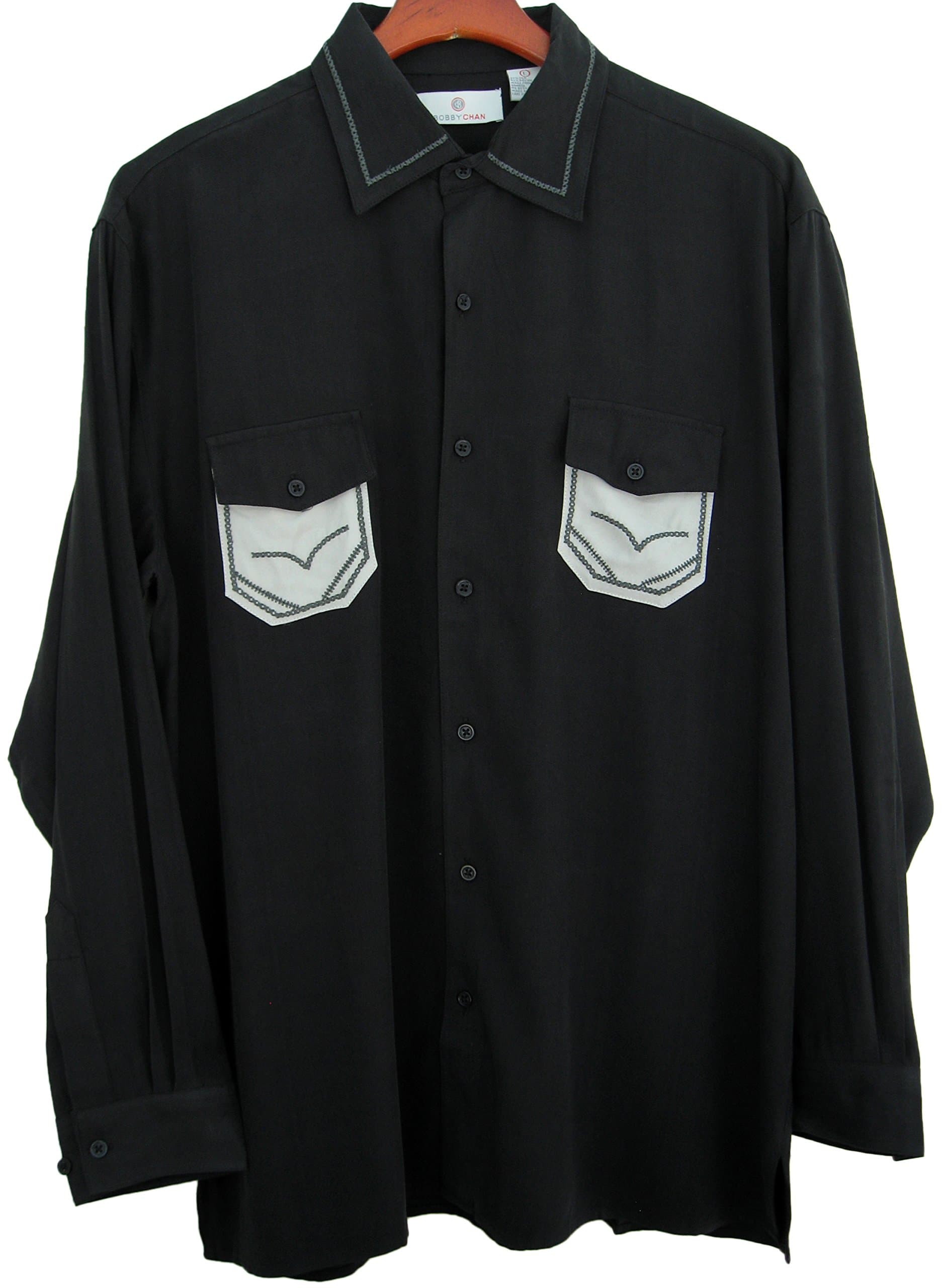 Mens Silk Blend Button Front Camp Shirt Long Sleeve Retro Style (Small, Black)