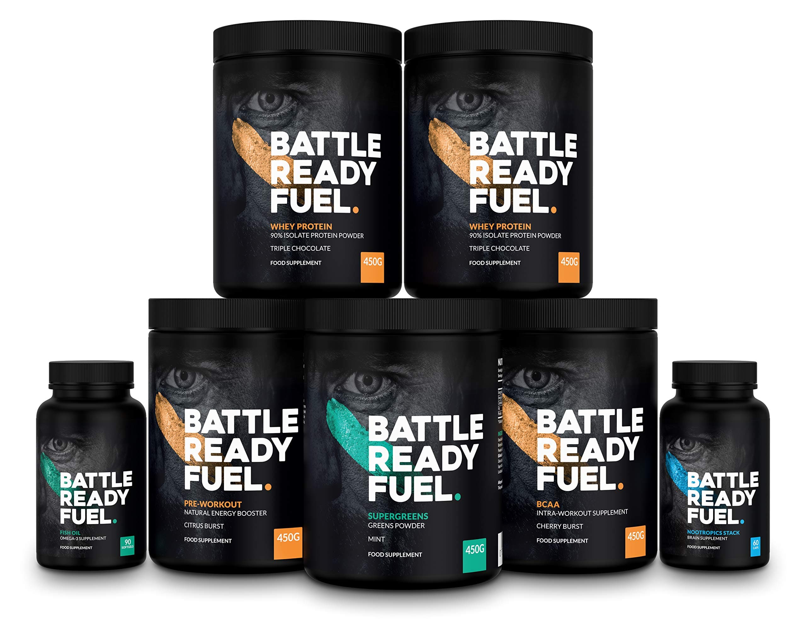 Battle Ready Fuel Mind & Body Bundle — Nutritional Supplement Combo Pack with Nootropics Stack, Pre-Workout, BCAA, Super Greens, Fish Oil, and Whey Isolate Protein