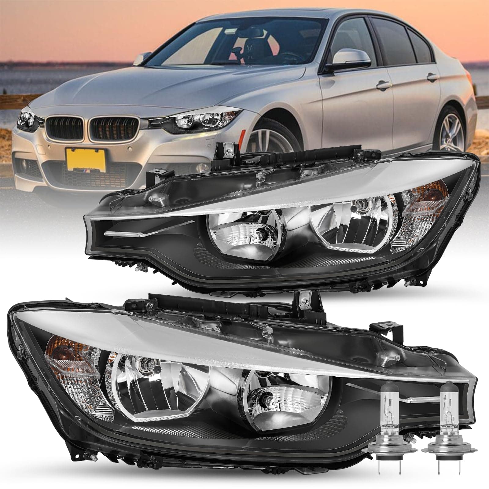 JSBOYAT Halogen Headlight Fit for 2012 2013 2014 2015 BMW 3-SERIES F30 320i 328i 335i xDrive Factory Halogen Headlamp Driver and Passenger Side BM2503169, BM2502169