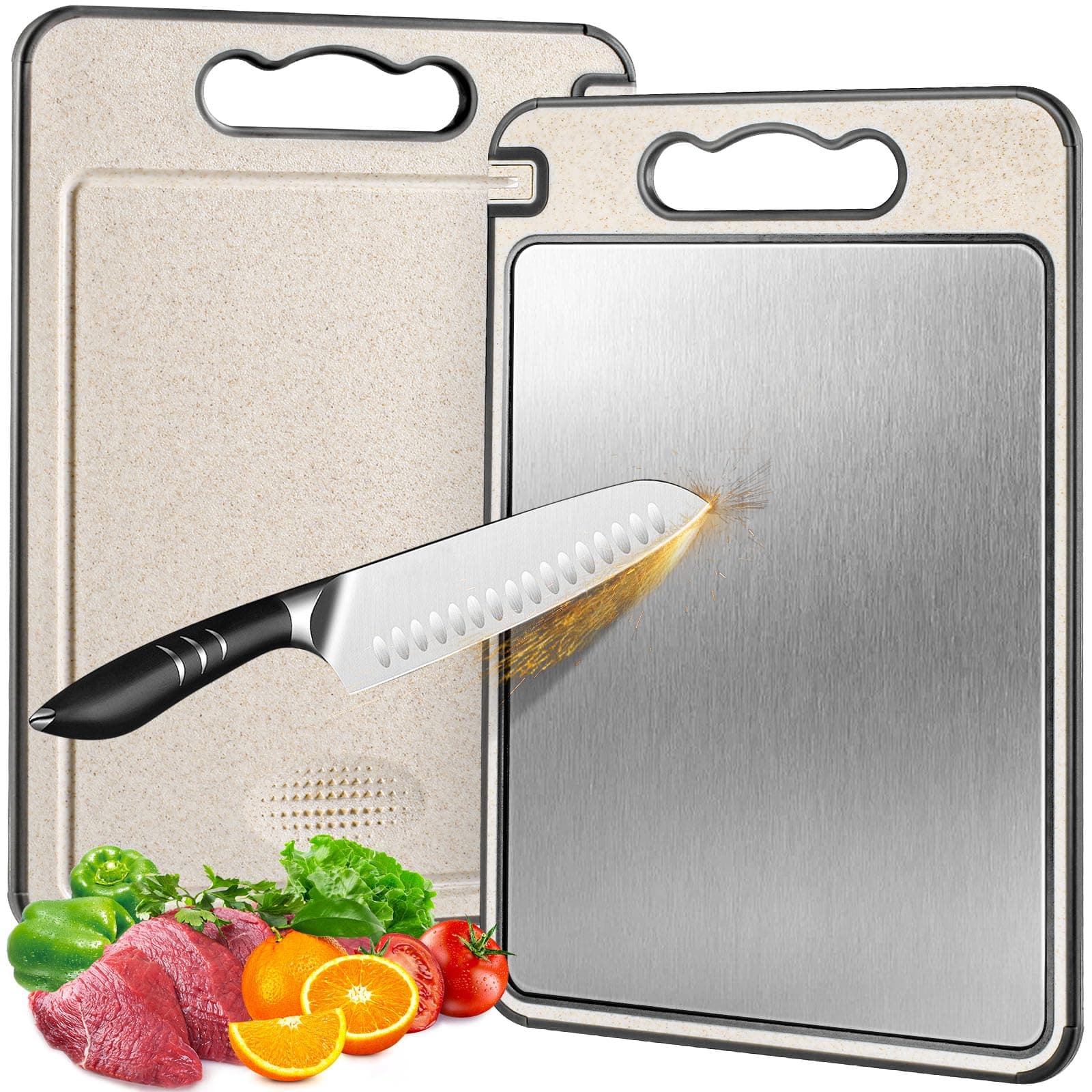 TCHZA Stainless Steel Cutting Board for Kitchen,Double Sided Cutting Board Non-slip with Juice Groove Food-Grade Wheat Straw PP Large Chopping Board（15×10 In,）Easy to Clean