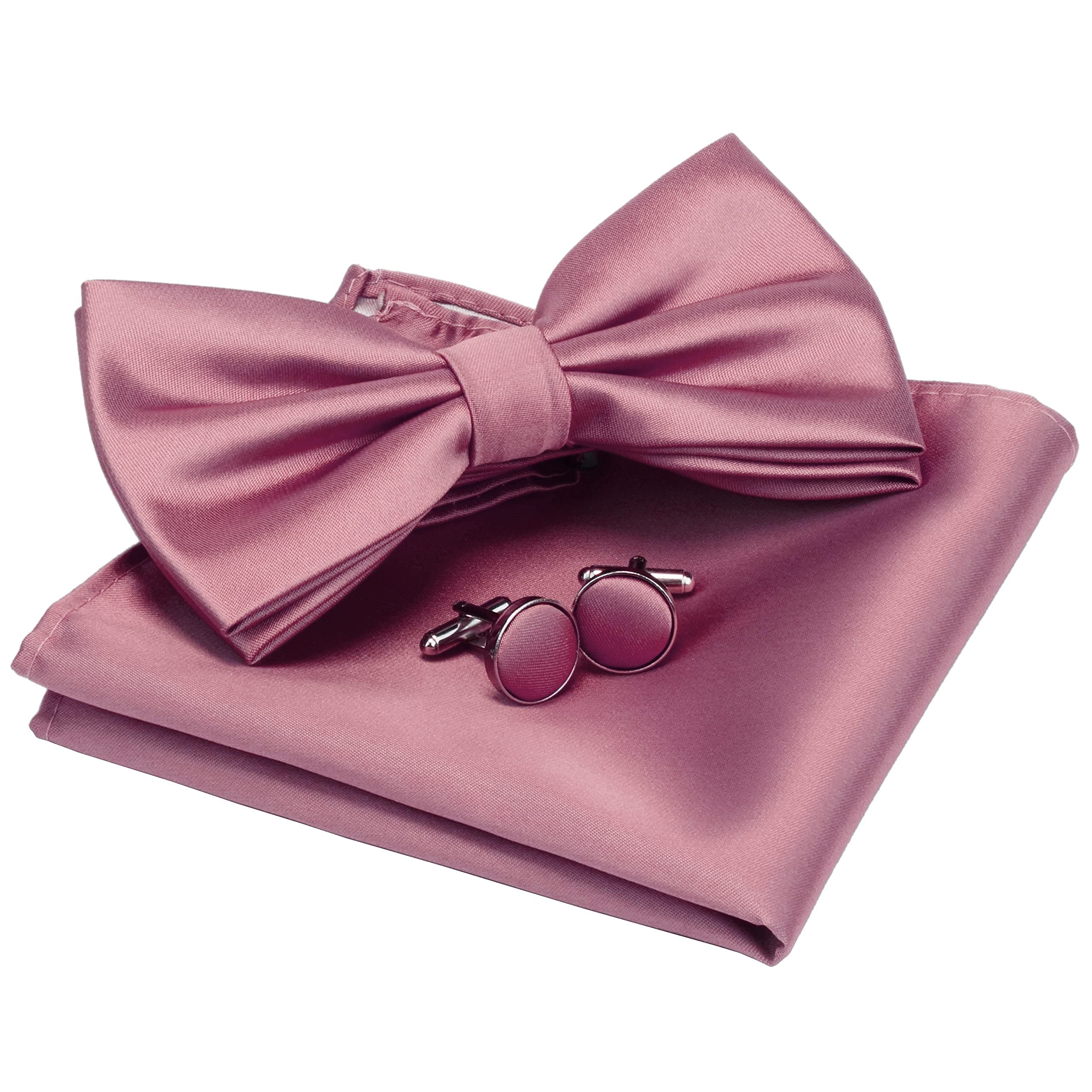 Mens Solid Color Double Fold Pre-tied Bow Tie and Pocket Square Cufflink Set with Gift Box