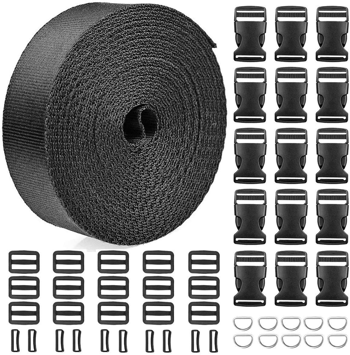11 Yards Black Nylon Heavy Webbing Straps + 15 pcs Plastic 1 Inch Flat Side Release Buckles, Tri-Glide Slides and D Rings for DIY Making Luggage Strap, Pet Collar, Backpack Repairing