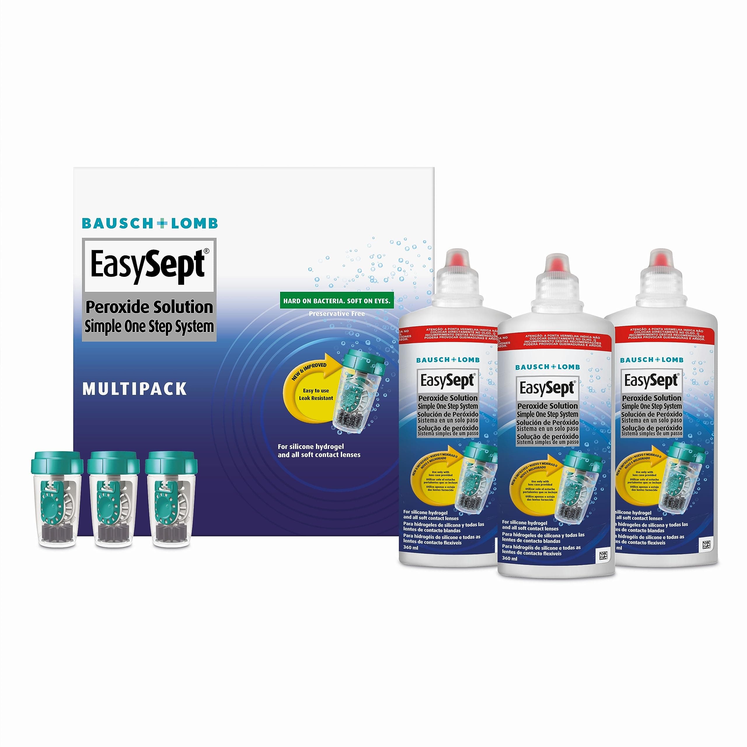 EasySept Hydrogen Peroxide Multipack, 3x 360ml Contact Lens Solution Simple One Step System for Disinfection of Soft Contact Lenses & Lens Case with Neutralising Disc, Suitable for Sensitive Eyes