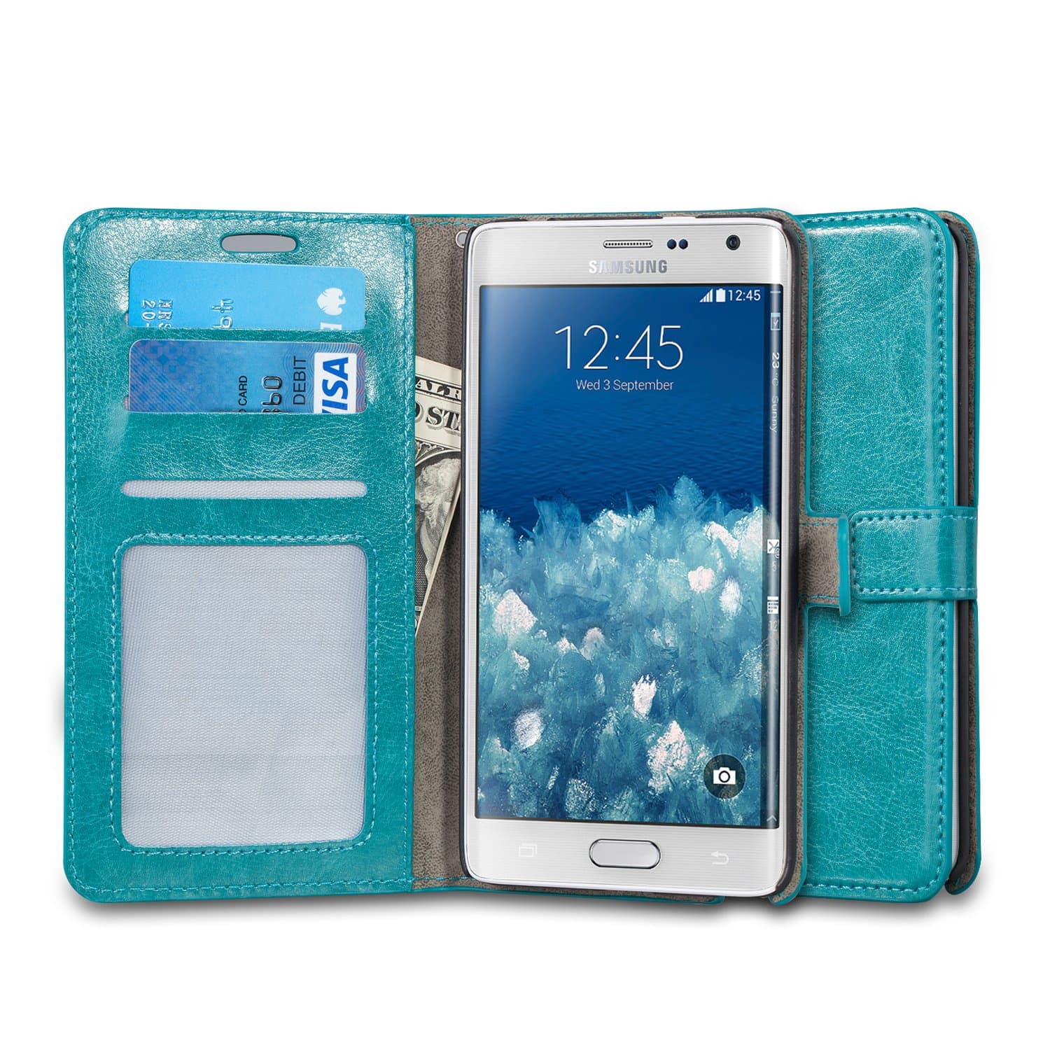 Galaxy Note Edge Case, J&D [Stand View] Samsung Galaxy Note Edge Wallet Case [Slim Fit] [Stand Feature] Premium Protective Case Wallet Leather Case for Samsung Galaxy Note Edge (Aqua)