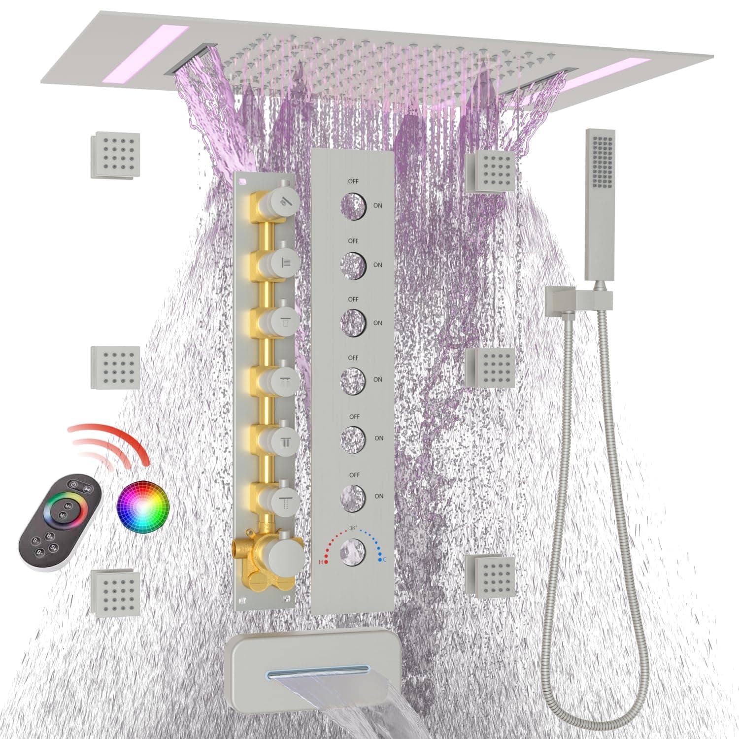 HOMEDEC LED Multi Functions Full Body Shower System with 6pcs Body Jets Spray with(Up/Down)Shower Spout, Large 3 In 1 Functions 14x20inch Showerhead, Rainfall Mist Shower Faucet Set, Brushed Nickel