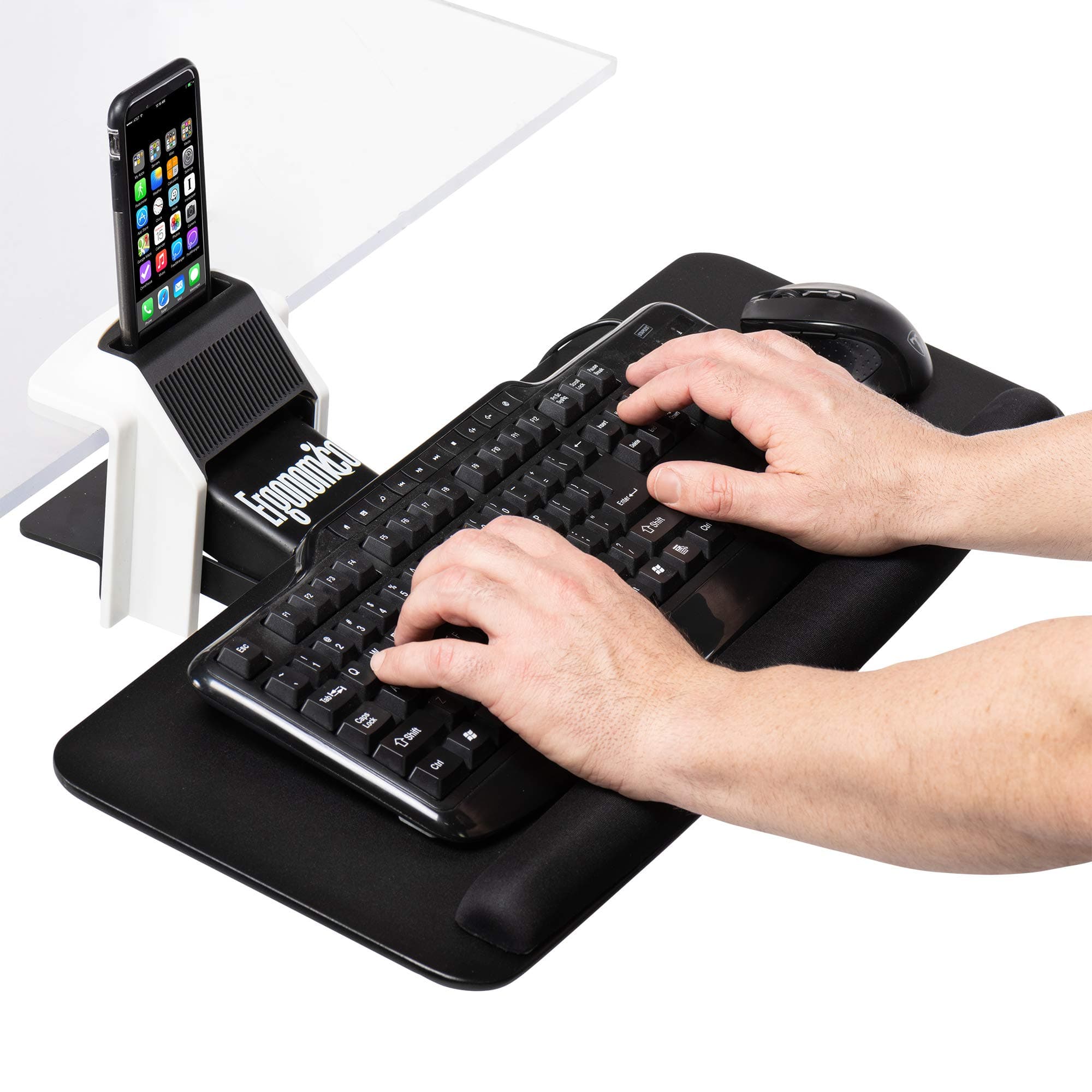 Ergonomic Clamp On Keyboard Tray with Smartphone Tablet Stand – Adjustable Height and Angle Swivels, Raises and Tilts Your Keyboard to The Perfect Position, Includes Wrist Support Rest