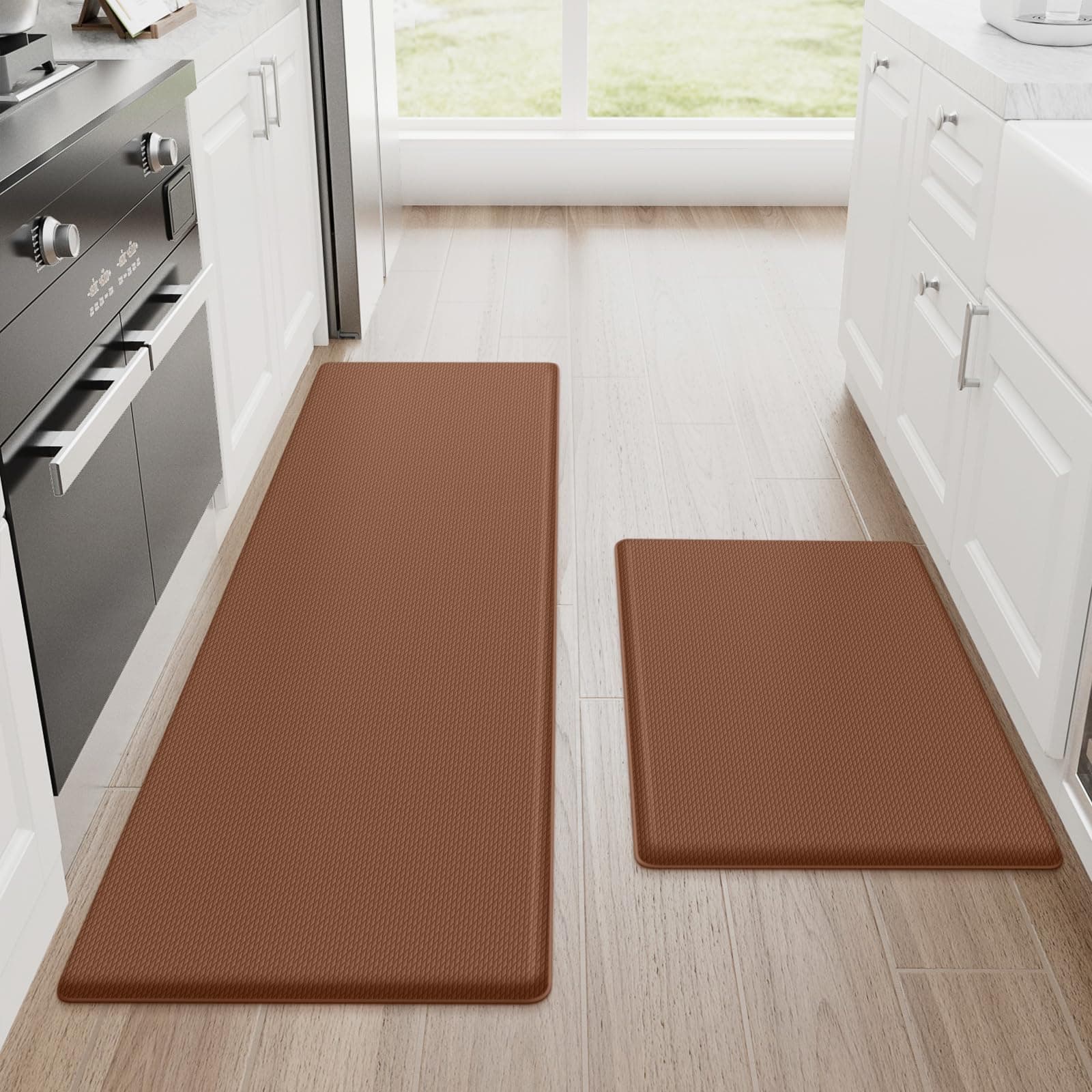 StepRite Kitchen Mats, 2PCS Kitchen Rugs, Cushioned Anti Fatigue Kitchen Mats for Floor, Non-Slip Standing Desk Mat, Waterproof Kitchen Rug Set for Floor, Office, 17.3"x30"+17.3"x47", Terracotta Brown