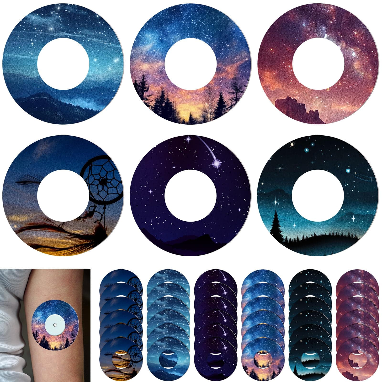 36 Pack Adhesive Patch for Libre 2 Sensor with Starry Sky CGM Patches Waterproof CGM Covers Sweatproof Colored Sensor Continuous Glucose Monitor Protection Cover Split Backing CGM Tape